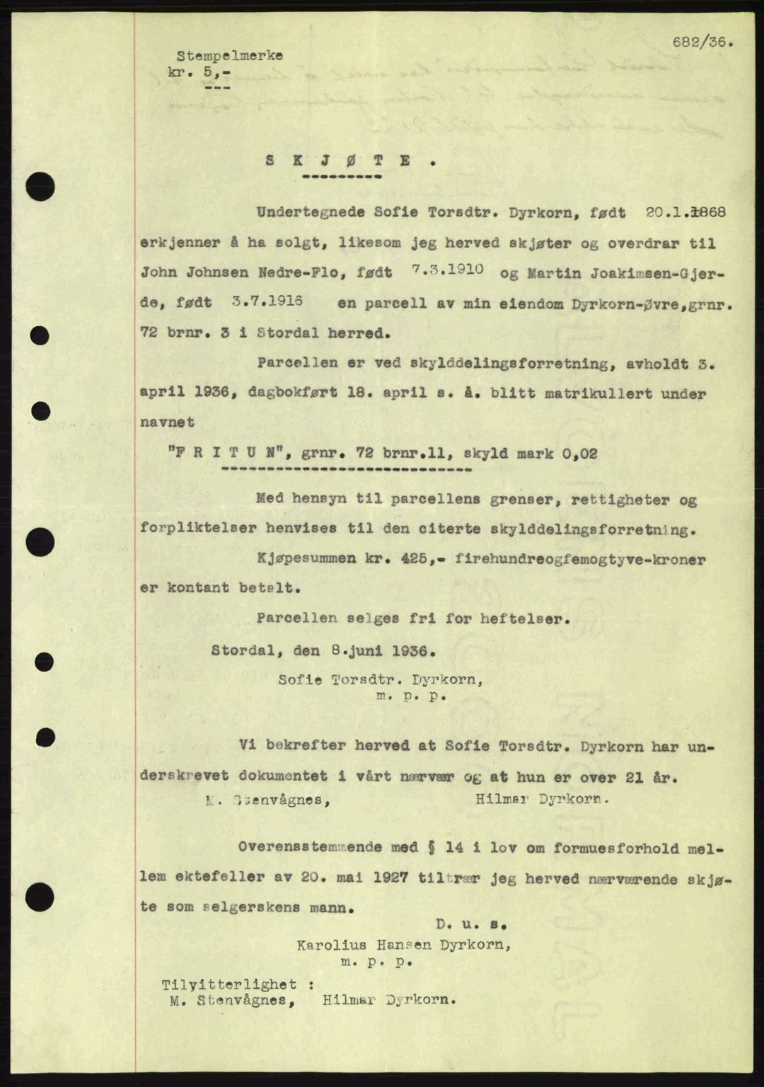 Nordre Sunnmøre sorenskriveri, AV/SAT-A-0006/1/2/2C/2Ca: Mortgage book no. A1, 1936-1936, Diary no: : 682/1936