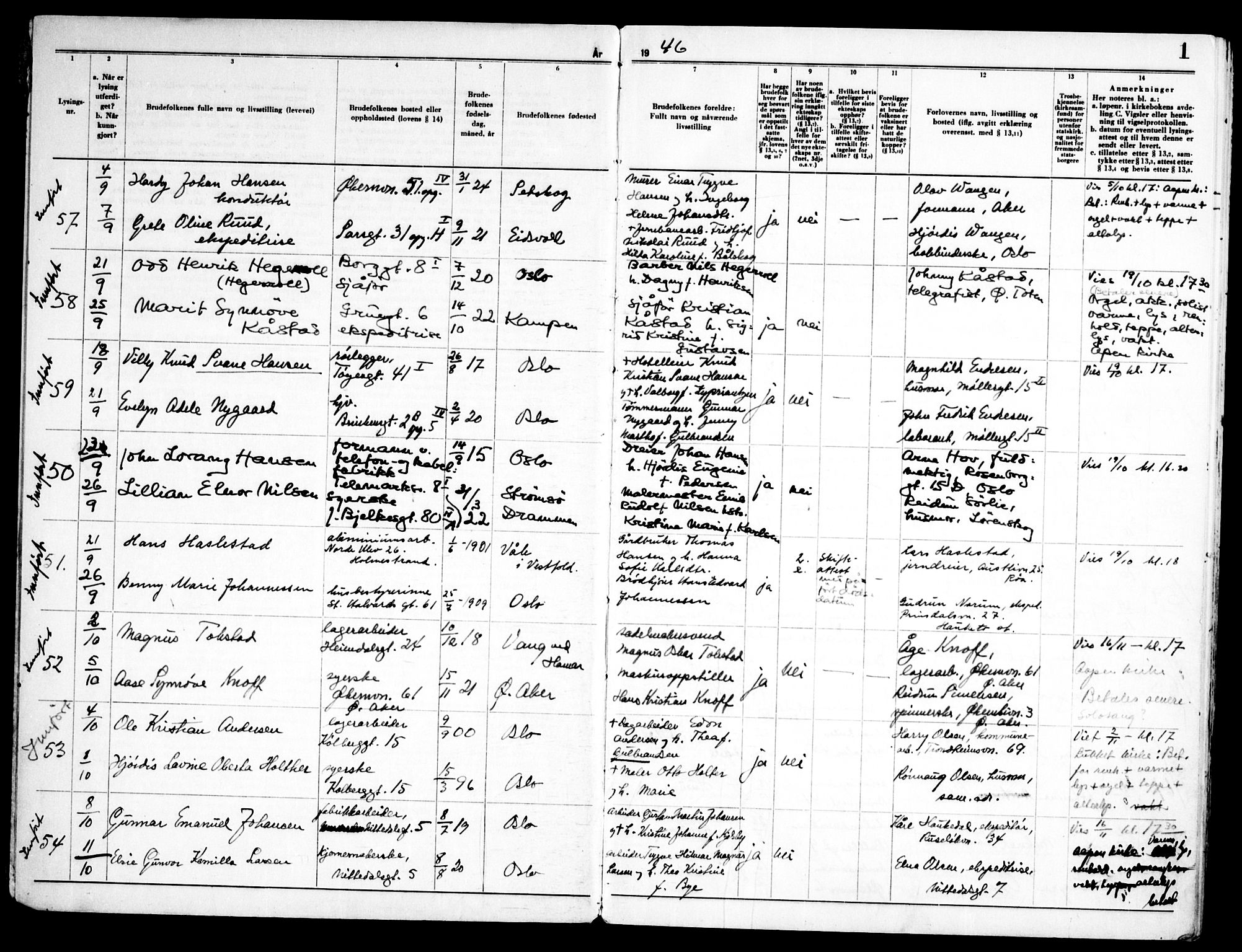 Kampen prestekontor Kirkebøker, AV/SAO-A-10853/H/Ha/L0008: Banns register no. 8, 1946-1956, p. 1