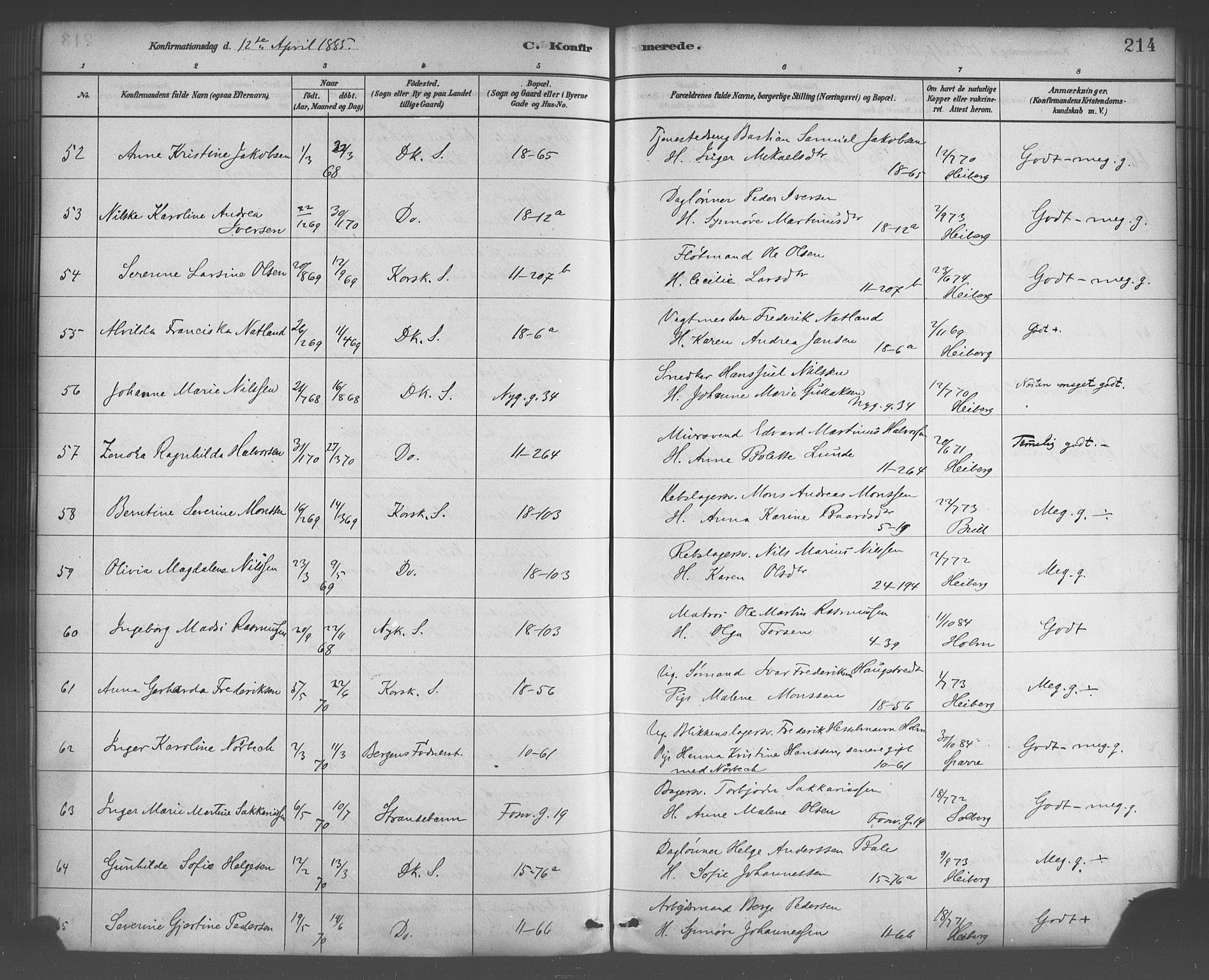 Domkirken sokneprestembete, AV/SAB-A-74801/H/Haa/L0030: Parish register (official) no. C 5, 1880-1898, p. 214