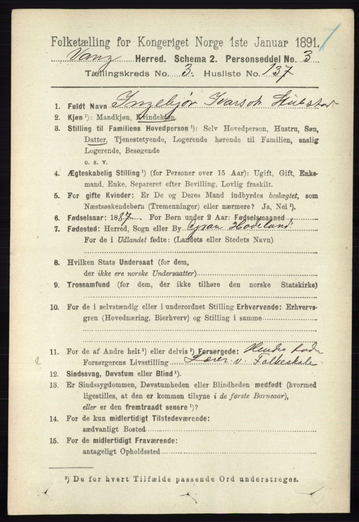 RA, 1891 census for 0414 Vang, 1891, p. 2621