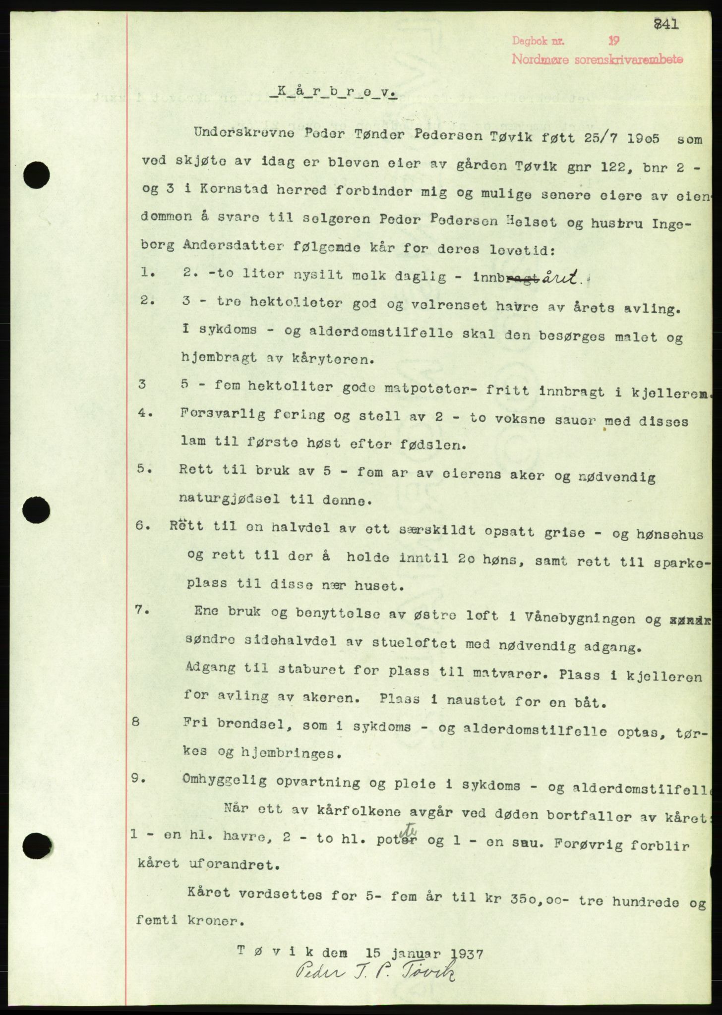 Nordmøre sorenskriveri, AV/SAT-A-4132/1/2/2Ca/L0090: Mortgage book no. B80, 1936-1937, Diary no: : 186/1937