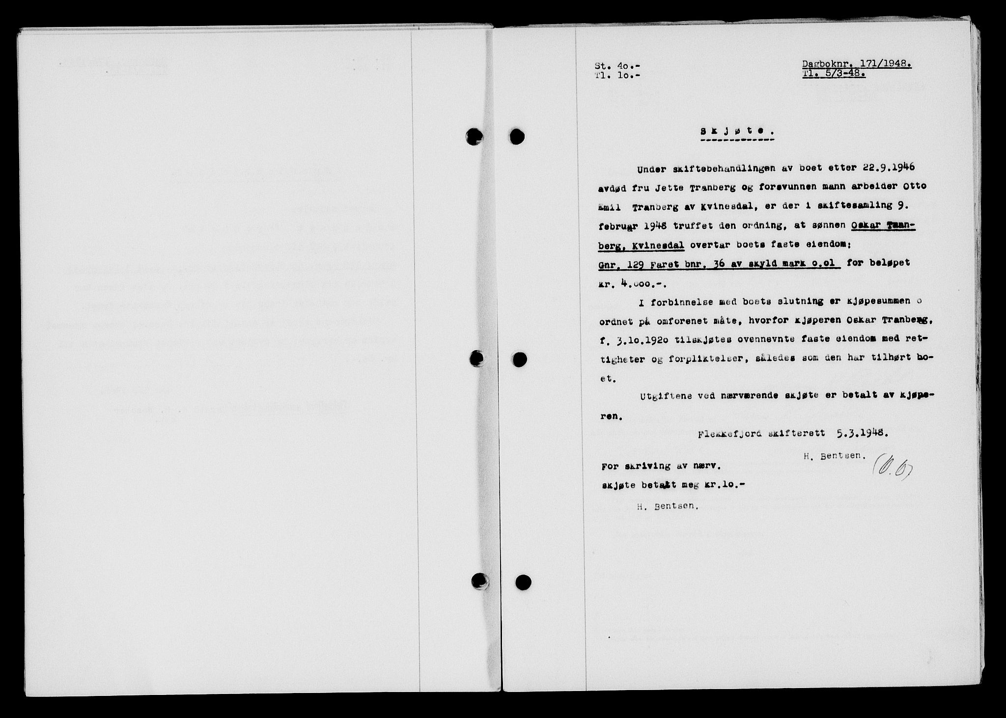 Flekkefjord sorenskriveri, AV/SAK-1221-0001/G/Gb/Gba/L0063: Mortgage book no. A-11, 1947-1948, Diary no: : 171/1948