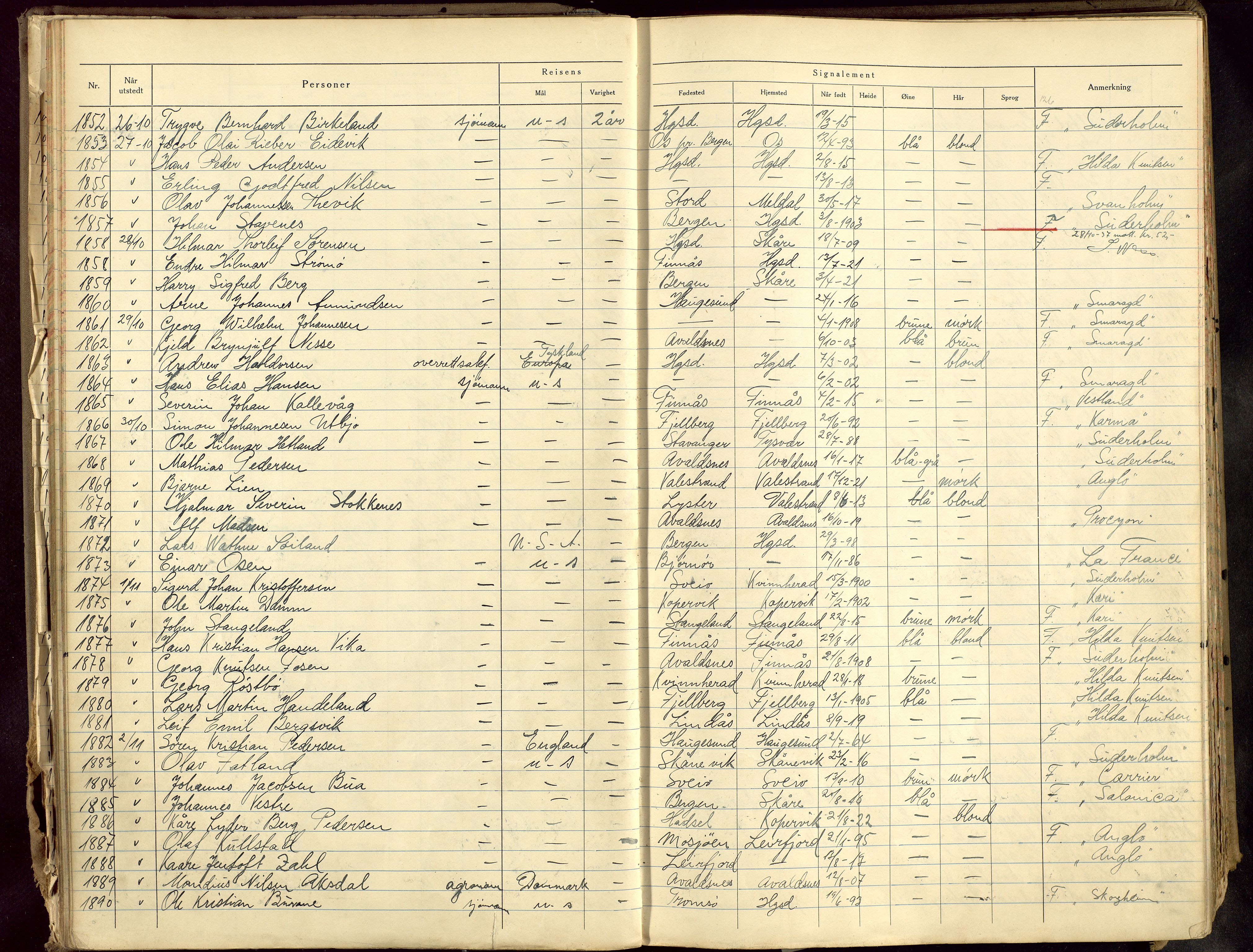 Haugesund politikammer, SAST/A-100440/K/L0006: Passprotokoll 2/1-37-4/3-40, 1937-1940, p. 52