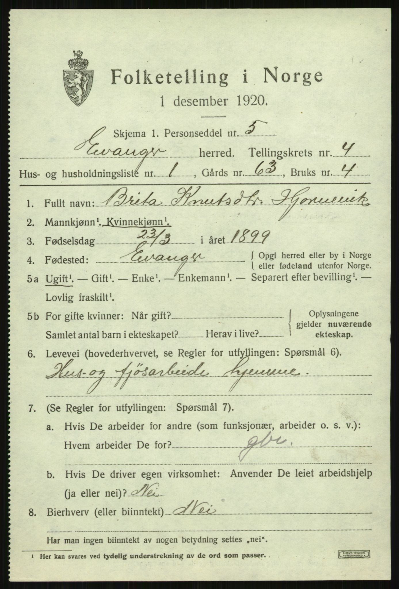 SAB, 1920 census for Evanger, 1920, p. 1361