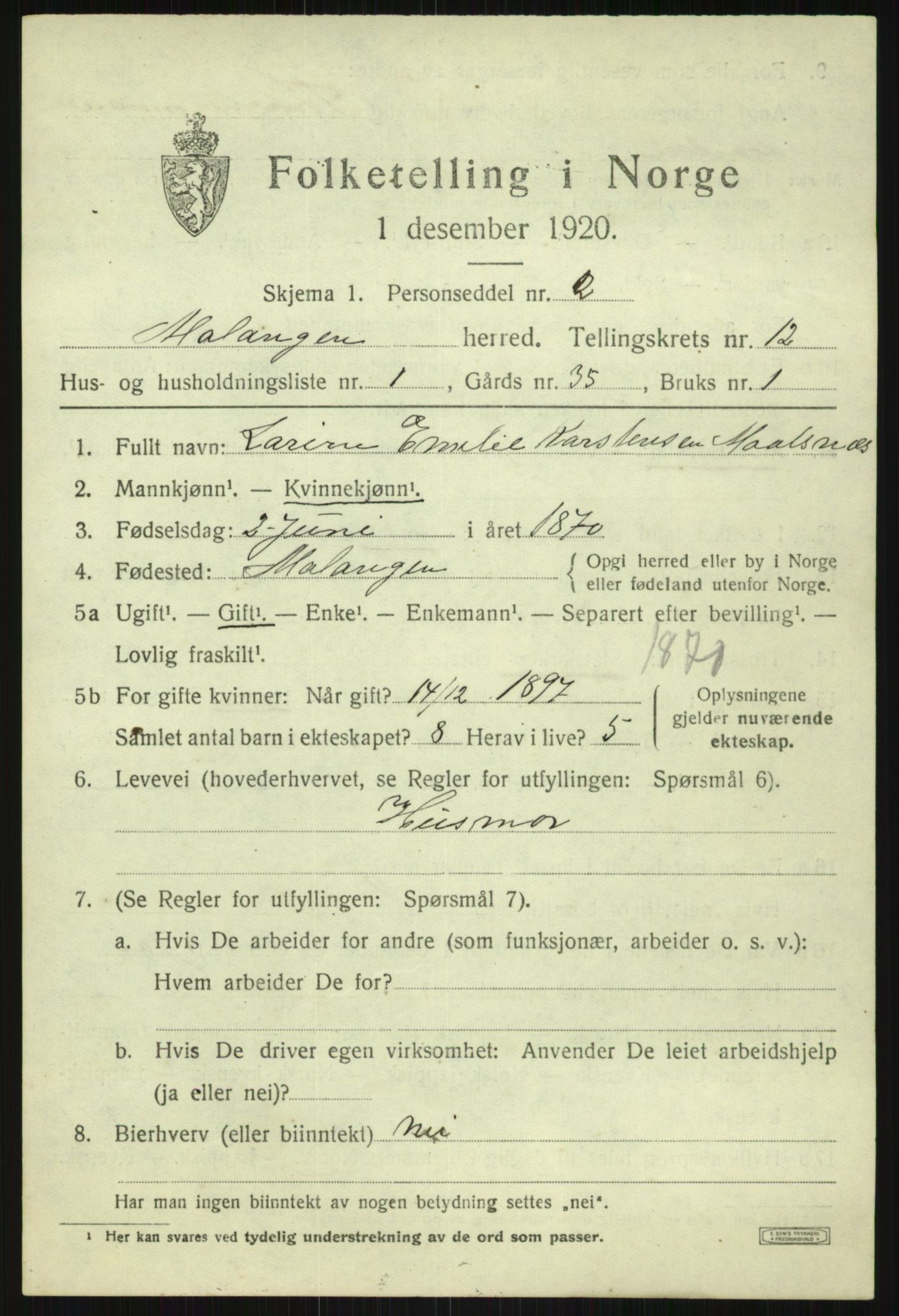 SATØ, 1920 census for Malangen, 1920, p. 4293