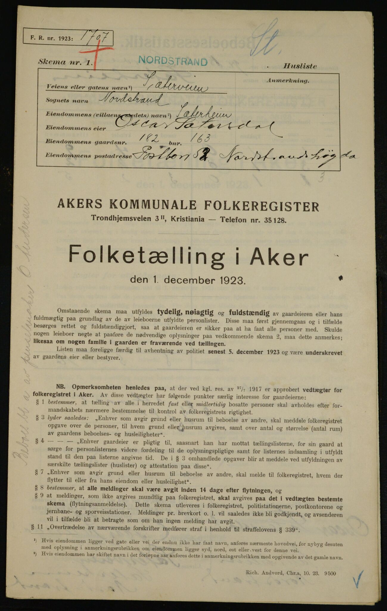 , Municipal Census 1923 for Aker, 1923, p. 46362