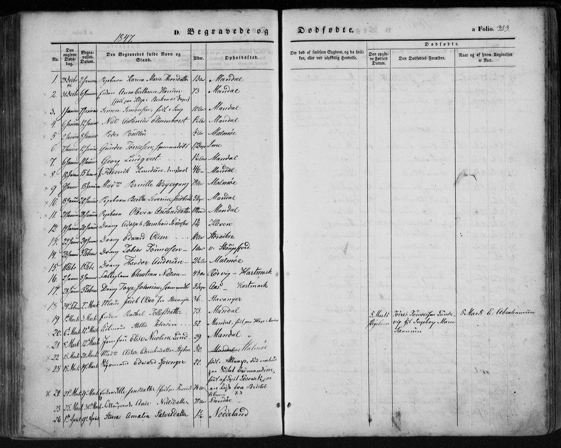 Mandal sokneprestkontor, SAK/1111-0030/F/Fa/Faa/L0013: Parish register (official) no. A 13, 1847-1859, p. 323