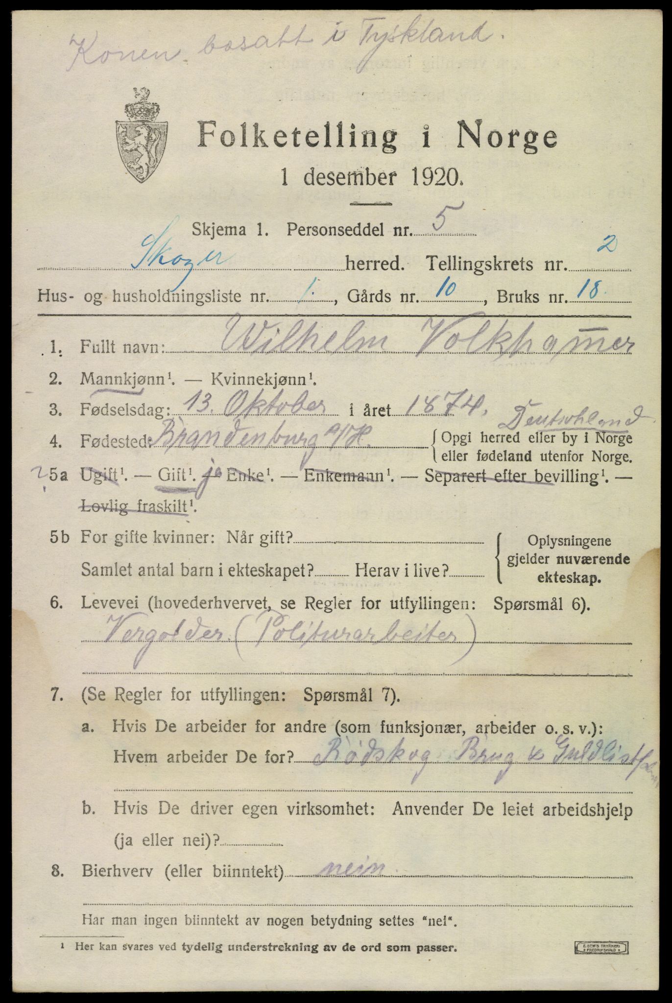 SAKO, 1920 census for Skoger, 1920, p. 4213