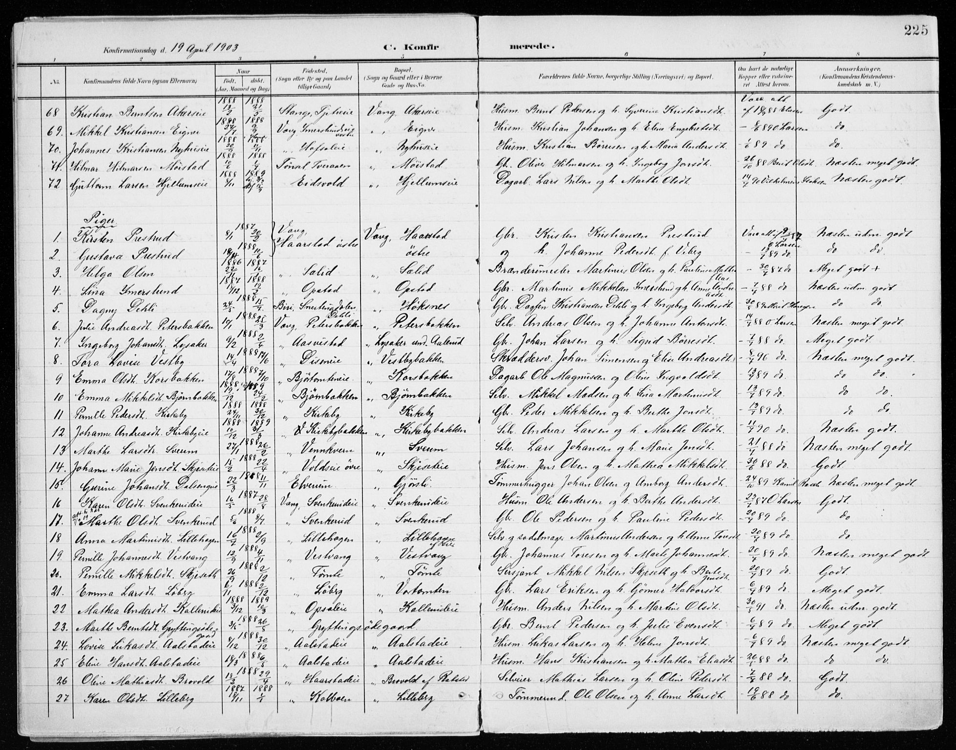Vang prestekontor, Hedmark, AV/SAH-PREST-008/H/Ha/Haa/L0021: Parish register (official) no. 21, 1902-1917, p. 225