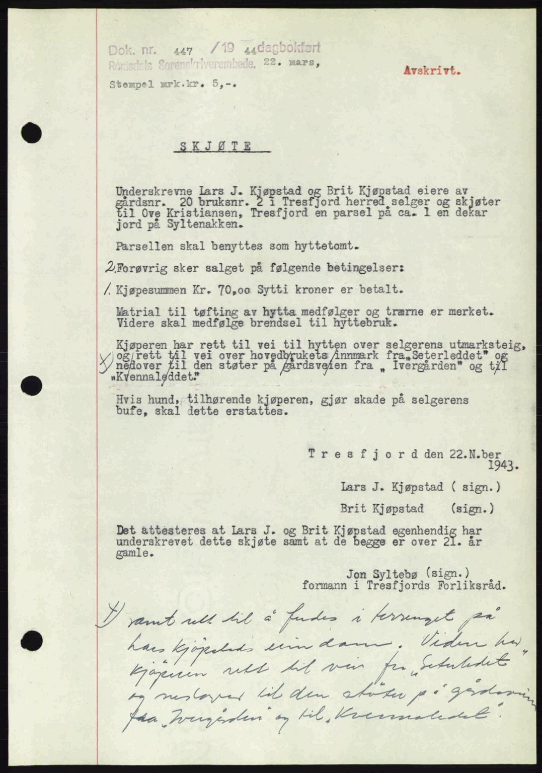 Romsdal sorenskriveri, SAT/A-4149/1/2/2C: Mortgage book no. A16, 1944-1944, Diary no: : 447/1944