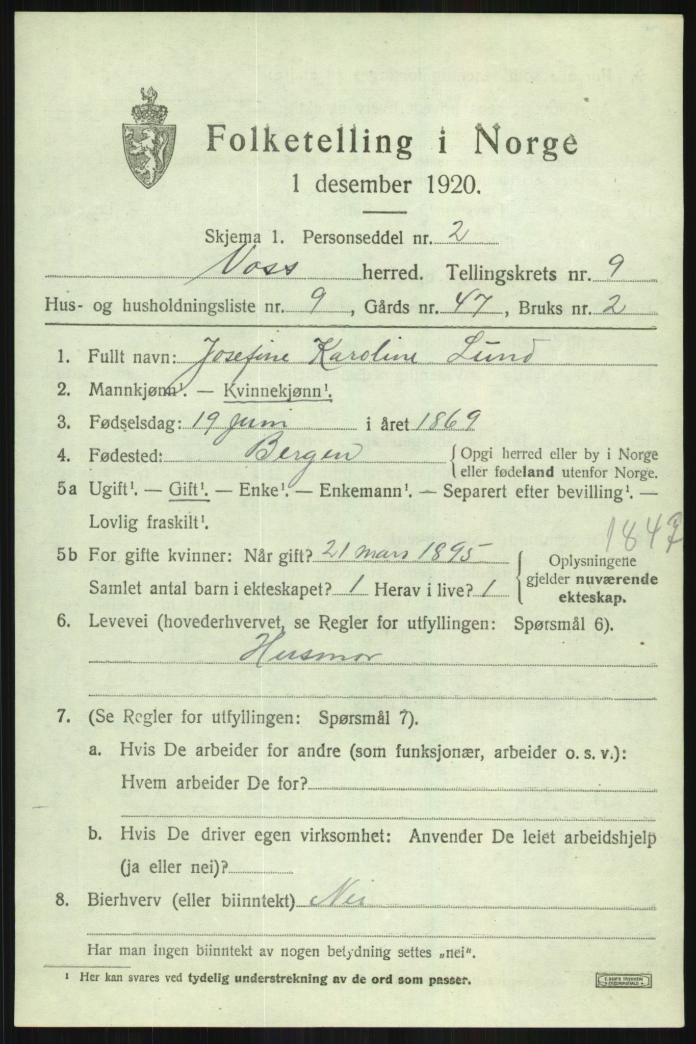 SAB, 1920 census for Voss, 1920, p. 8751