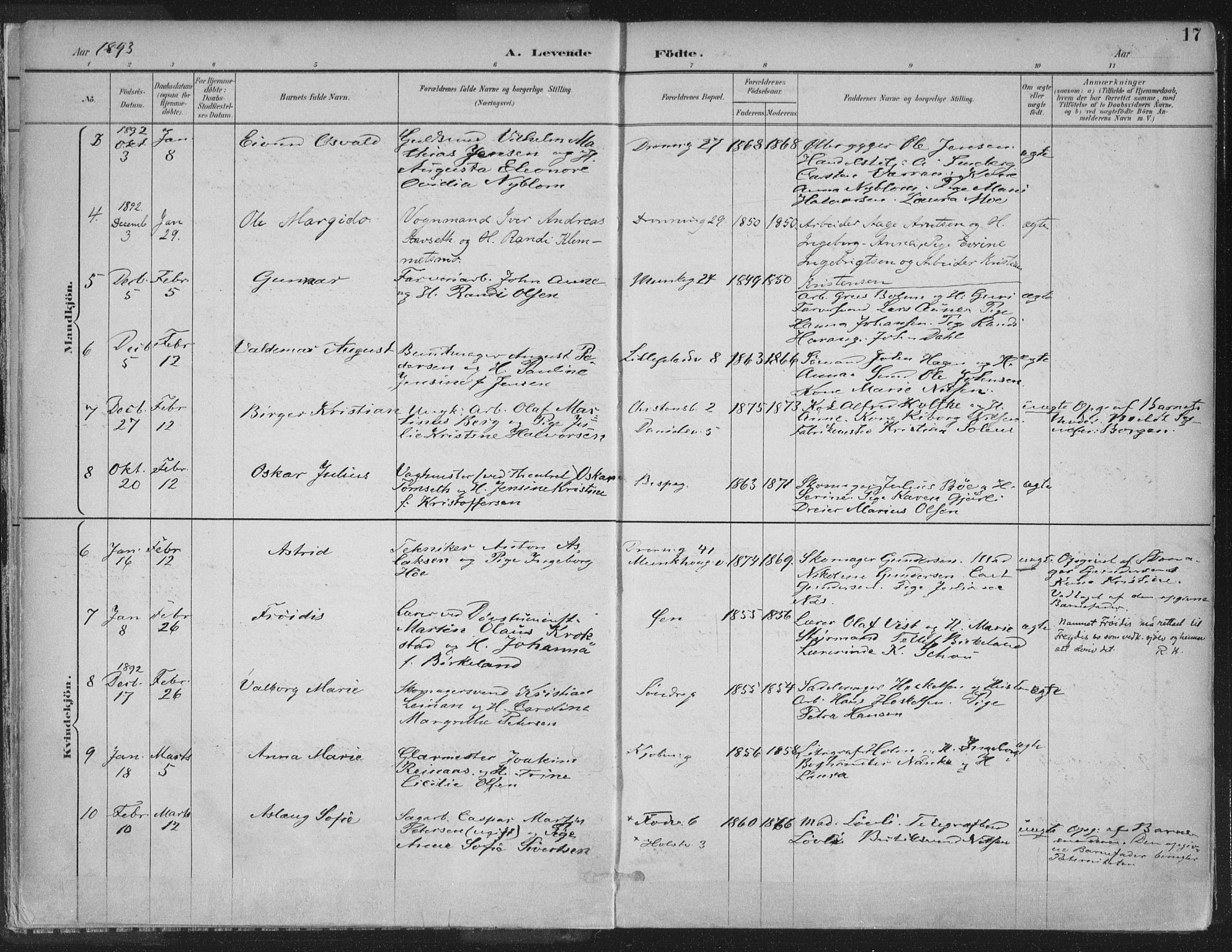 Ministerialprotokoller, klokkerbøker og fødselsregistre - Sør-Trøndelag, SAT/A-1456/601/L0062: Parish register (official) no. 601A30, 1891-1911, p. 17