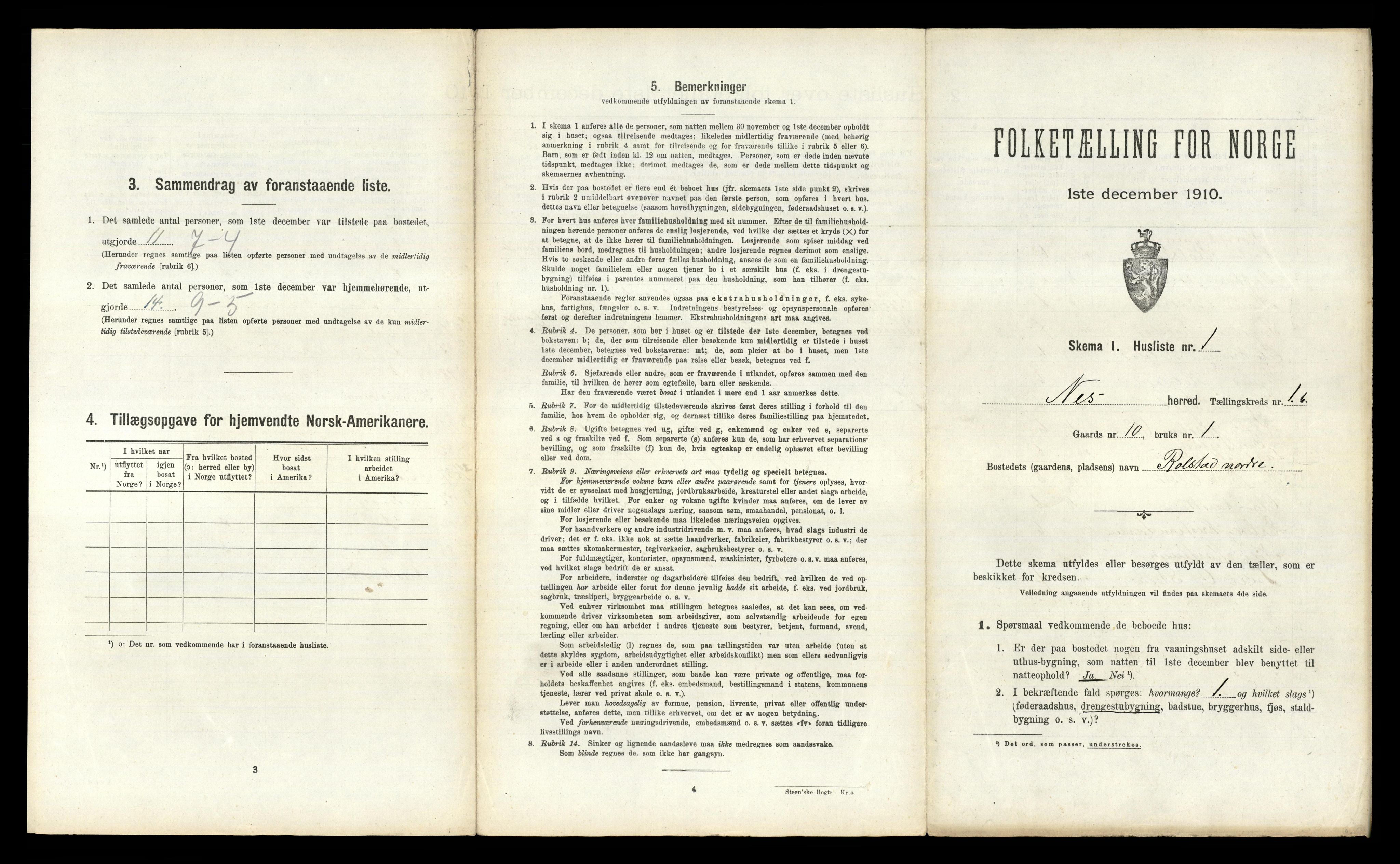 RA, 1910 census for Nes, 1910, p. 190