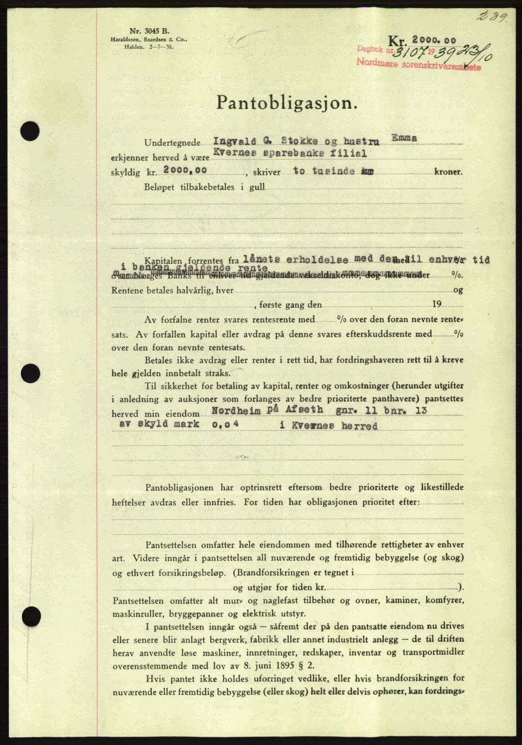 Nordmøre sorenskriveri, AV/SAT-A-4132/1/2/2Ca: Mortgage book no. B86, 1939-1940, Diary no: : 3107/1939