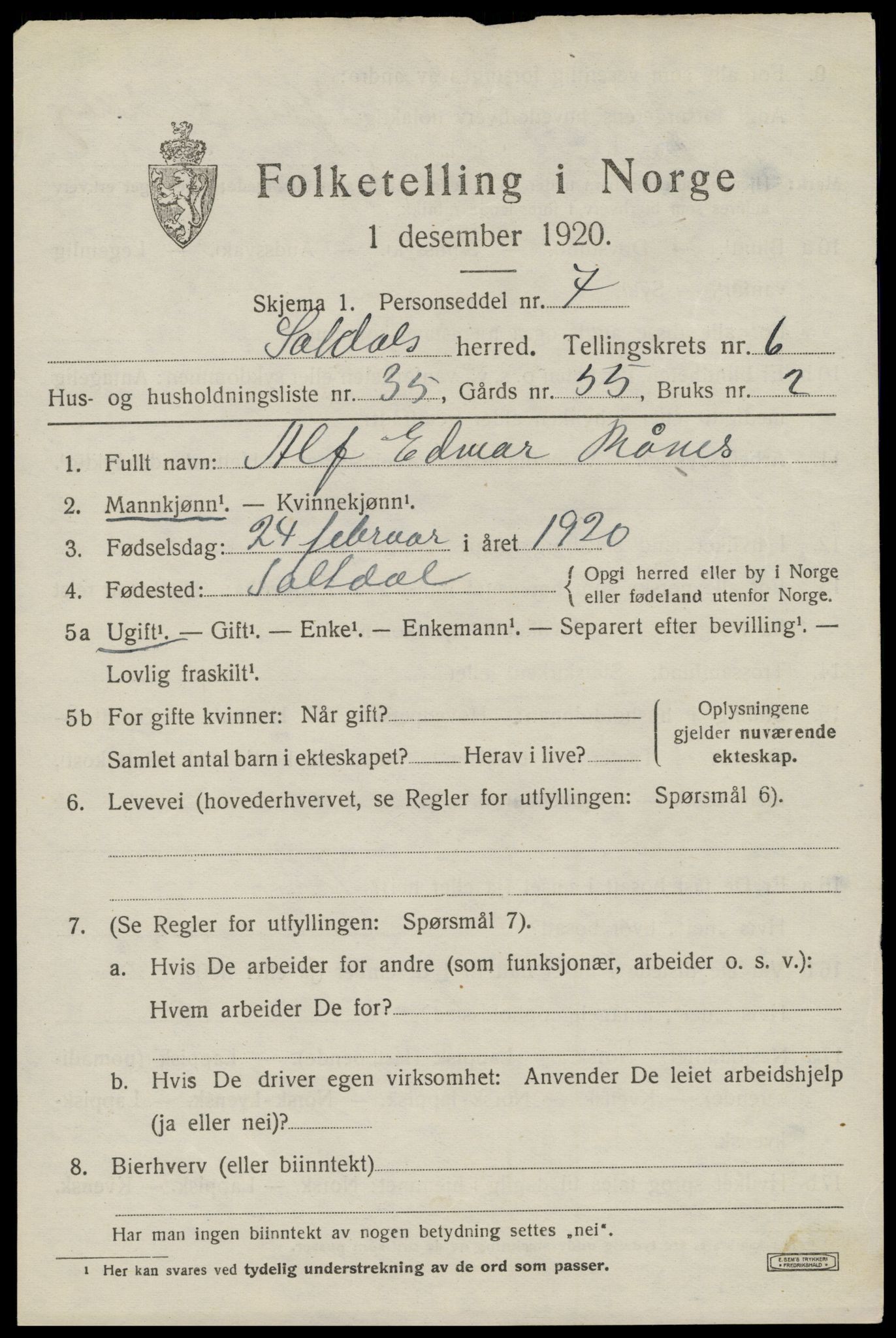 SAT, 1920 census for Saltdal, 1920, p. 7801