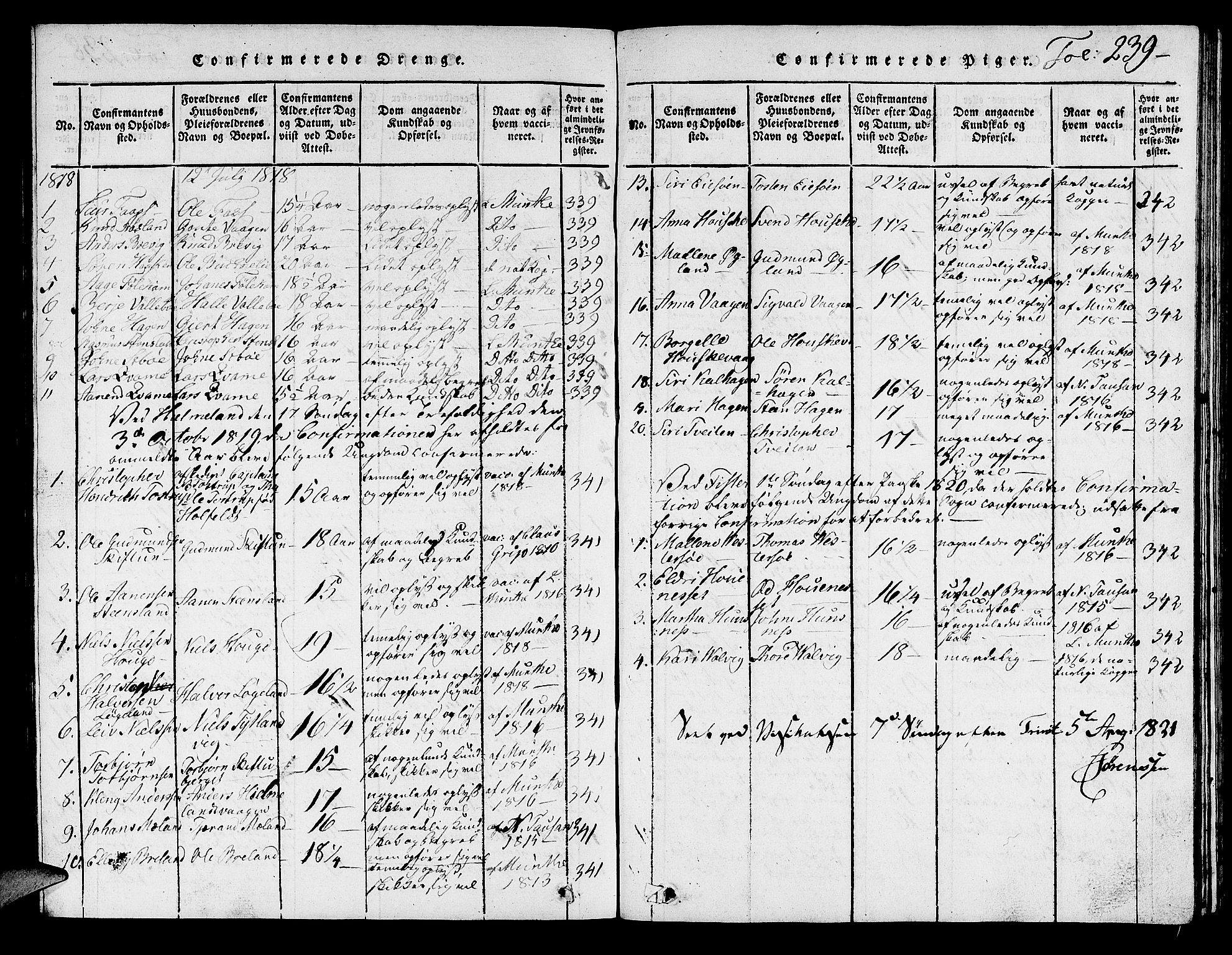 Hjelmeland sokneprestkontor, SAST/A-101843/01/V/L0001: Parish register (copy) no. B 1, 1816-1841, p. 239