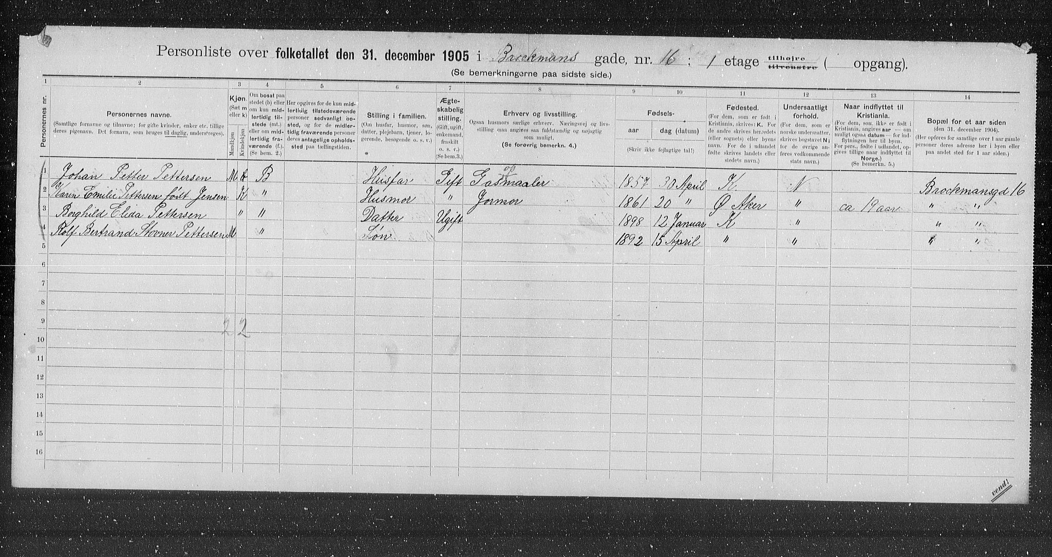 OBA, Municipal Census 1905 for Kristiania, 1905, p. 4876