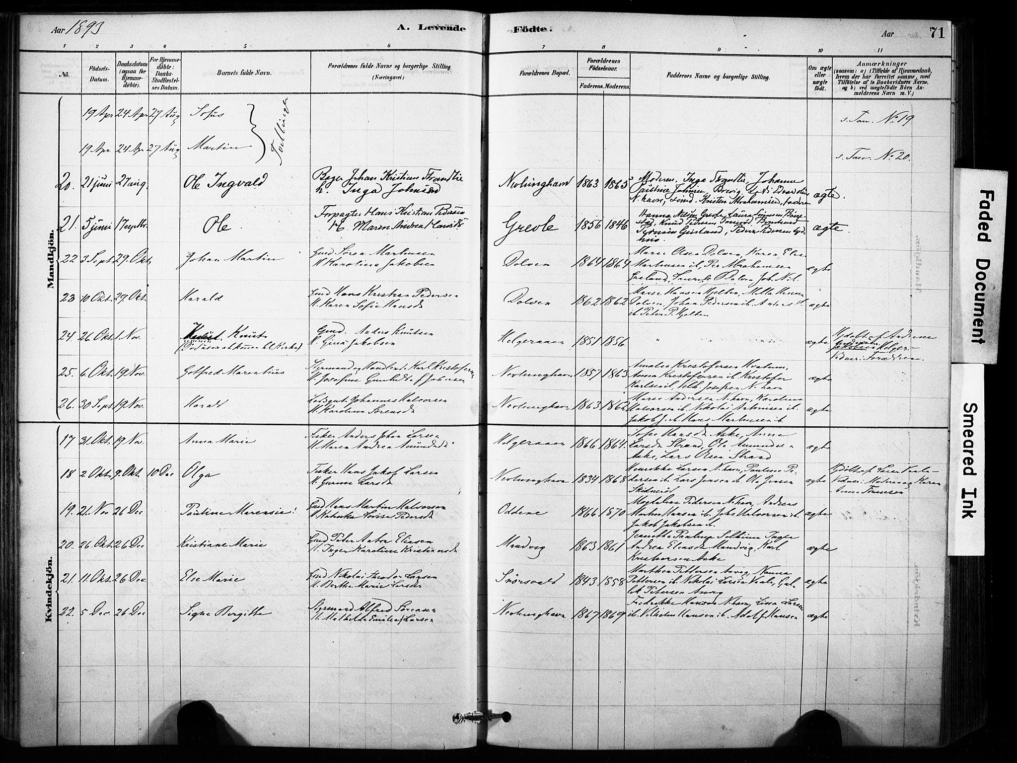 Brunlanes kirkebøker, AV/SAKO-A-342/F/Fb/L0001: Parish register (official) no. II 1, 1878-1899, p. 71