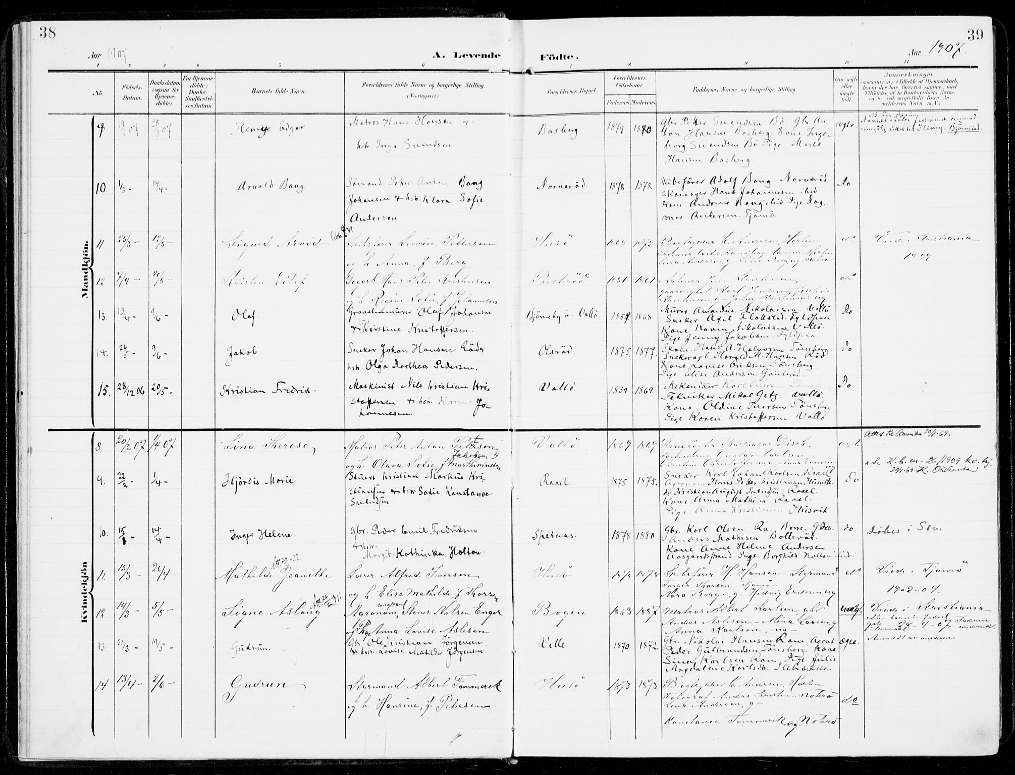 Sem kirkebøker, SAKO/A-5/F/Fb/L0006: Parish register (official) no. II 6, 1905-1918, p. 38-39