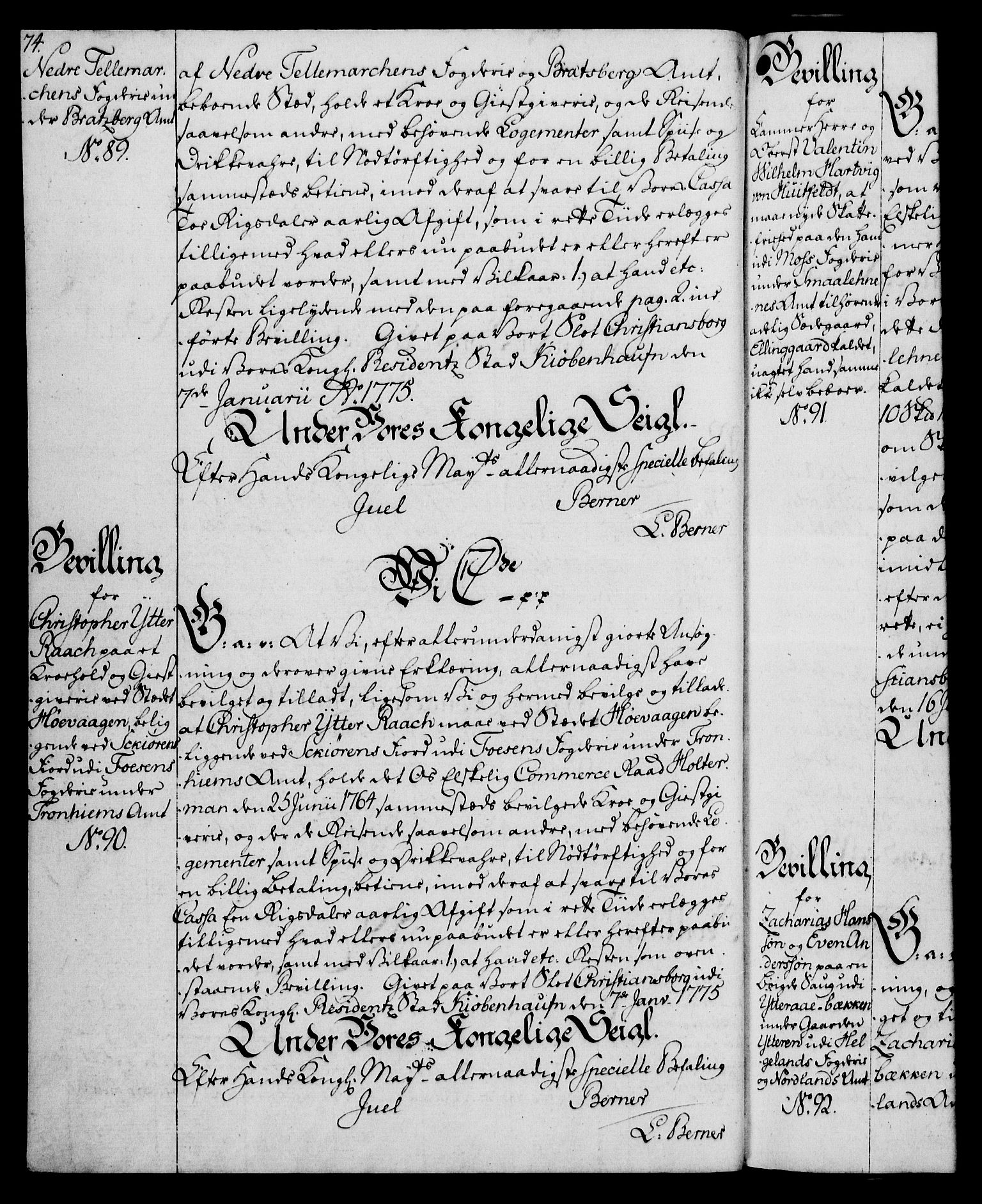 Rentekammeret, Kammerkanselliet, RA/EA-3111/G/Gg/Gga/L0010: Norsk ekspedisjonsprotokoll med register (merket RK 53.10), 1773-1778, p. 74
