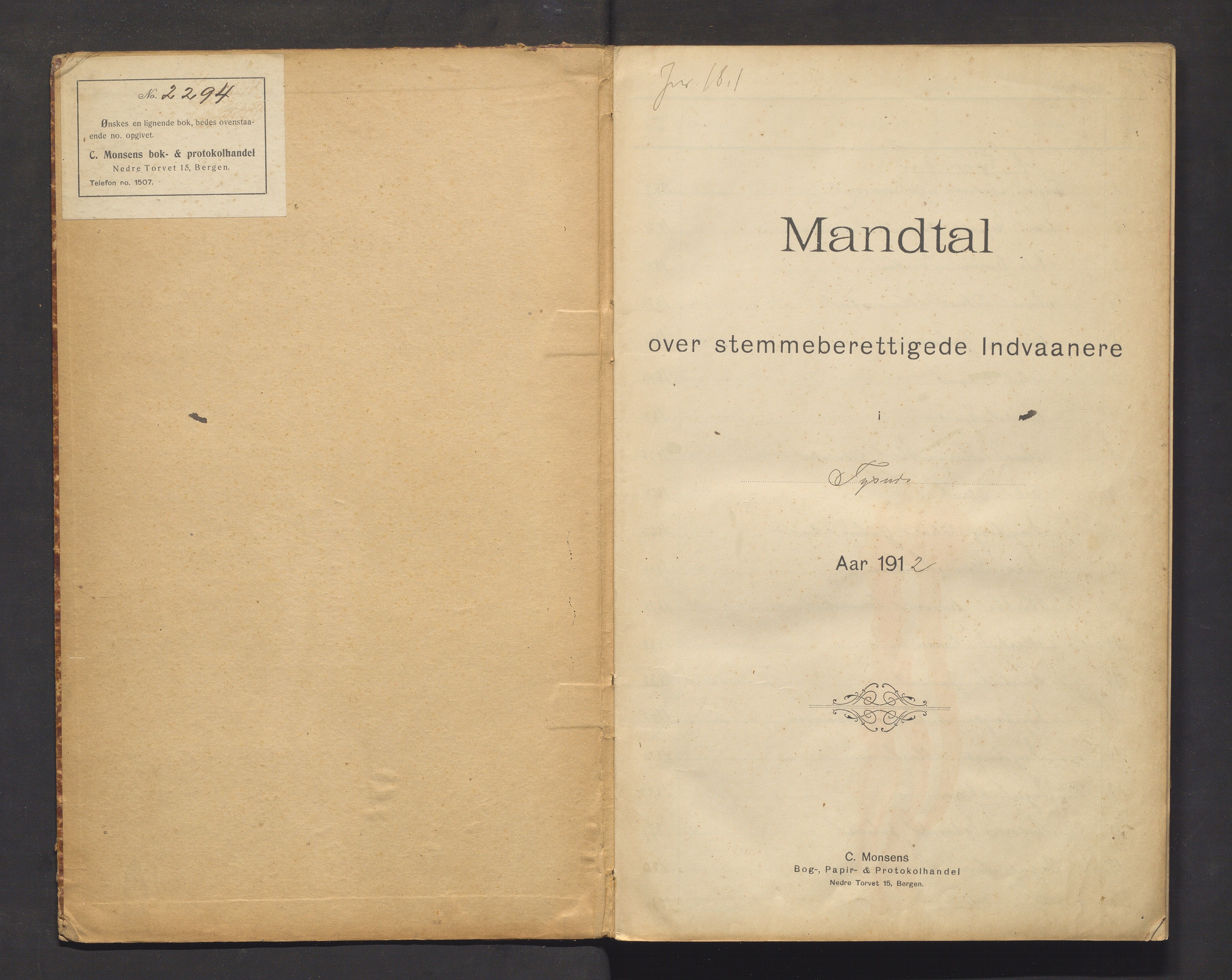 Tysnes kommune. Valstyret, IKAH/1223-011/F/Fa/L0002: Manntalsprotokoll over røysteføre i Tysnes, 1912