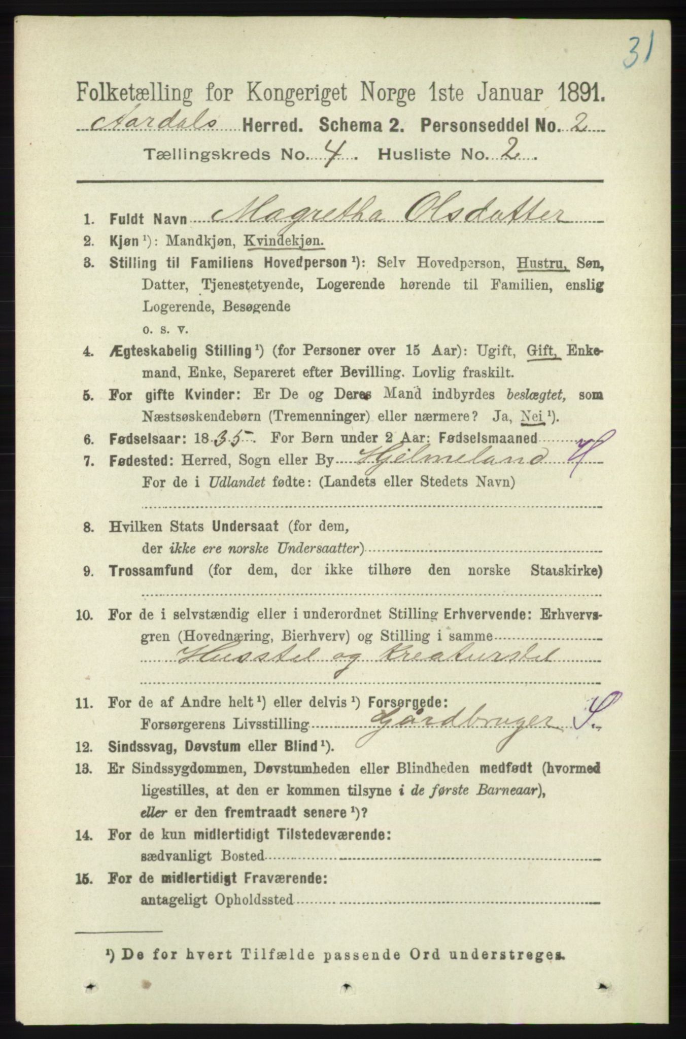 RA, 1891 census for 1131 Årdal, 1891, p. 1095