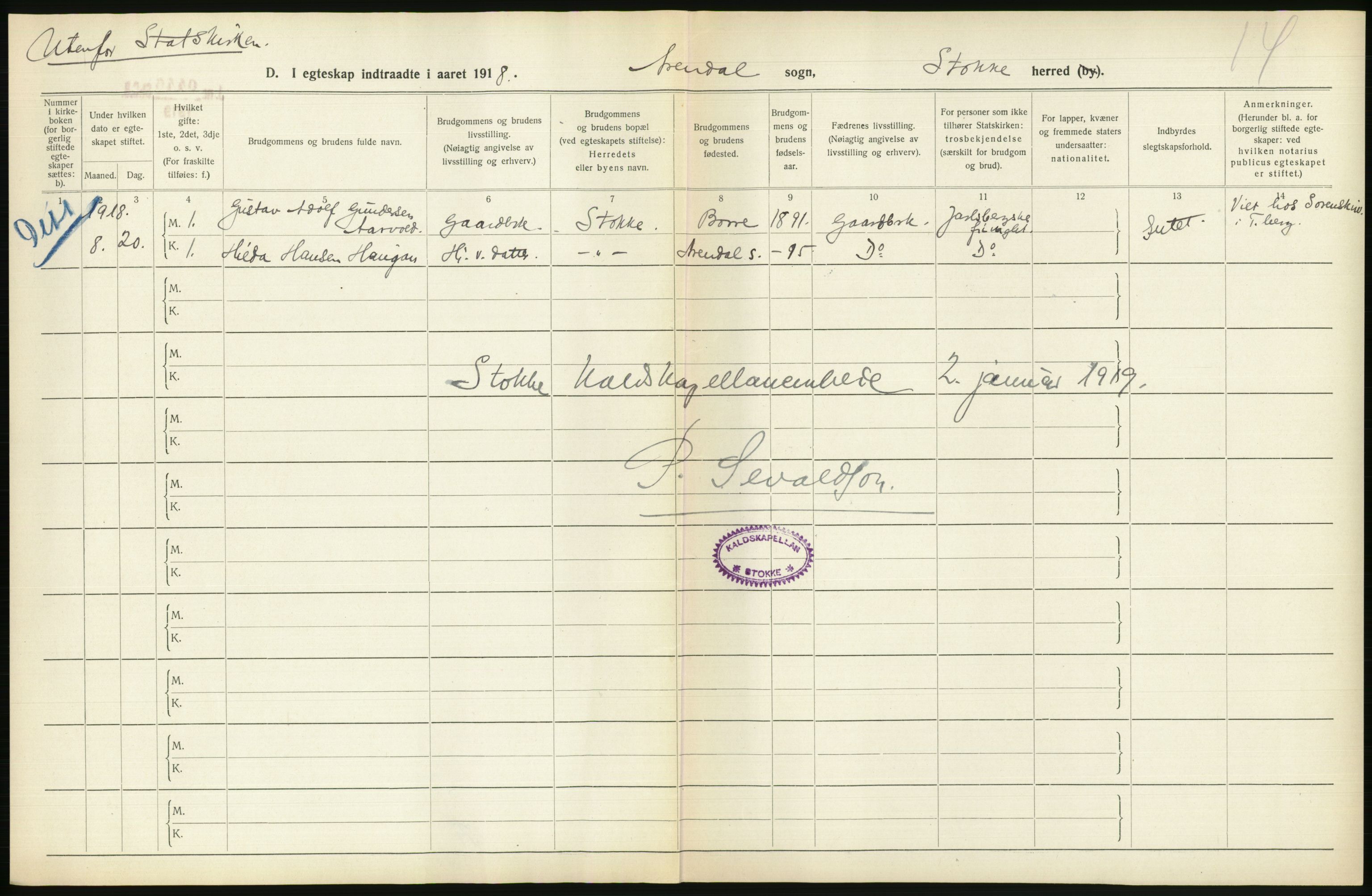 Statistisk sentralbyrå, Sosiodemografiske emner, Befolkning, RA/S-2228/D/Df/Dfb/Dfbh/L0022: Vestfold fylke: Gifte, dødfødte. Bygder og byer., 1918, p. 24