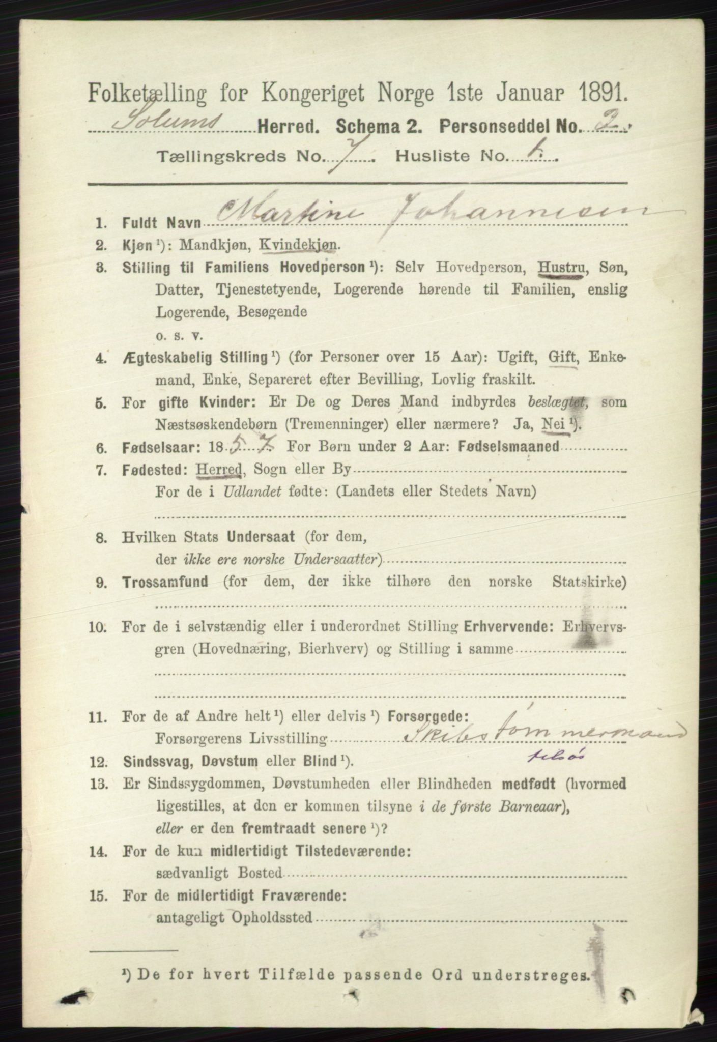 RA, 1891 census for 0818 Solum, 1891, p. 2714