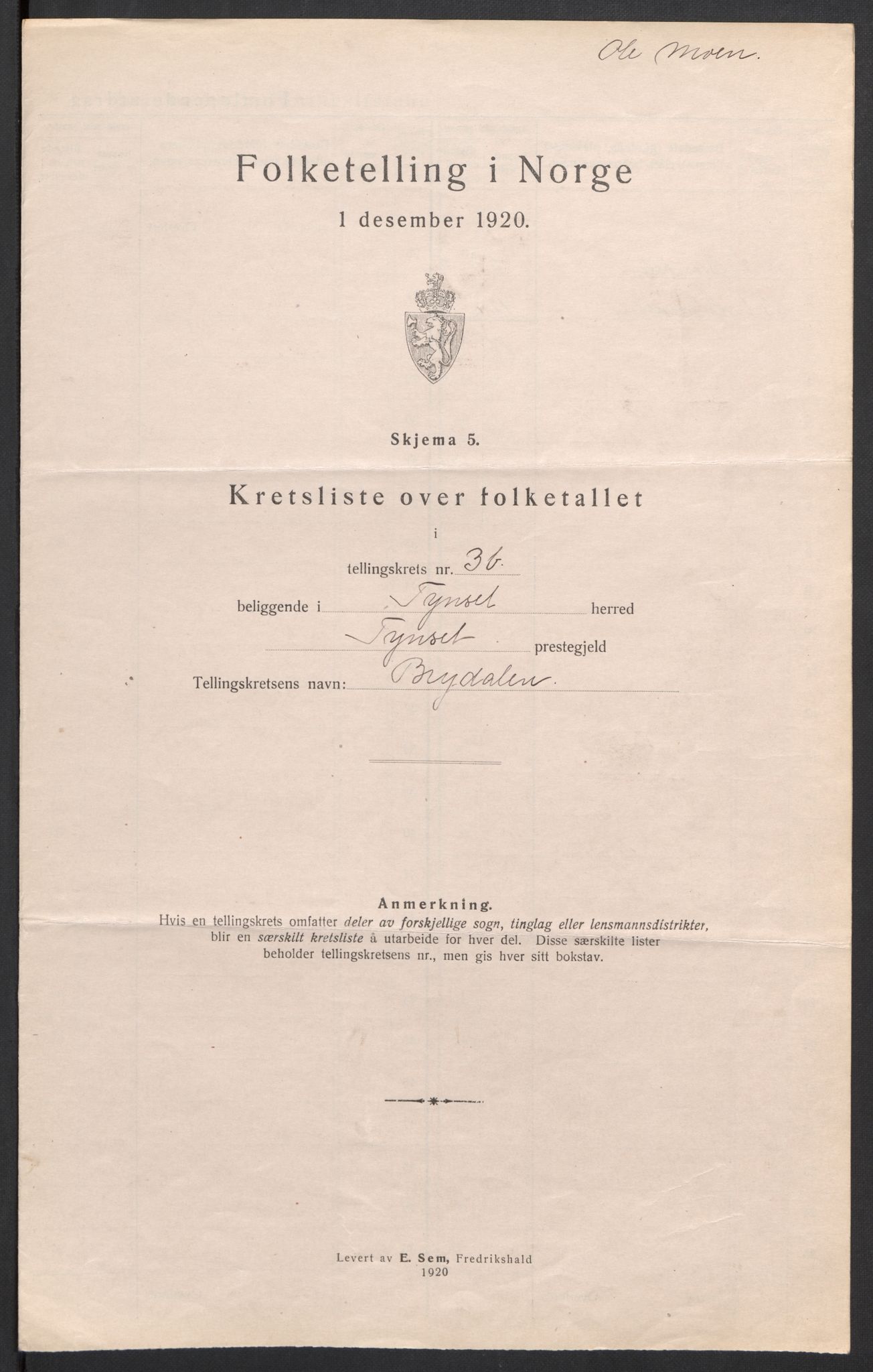 SAH, 1920 census for Tynset, 1920, p. 26