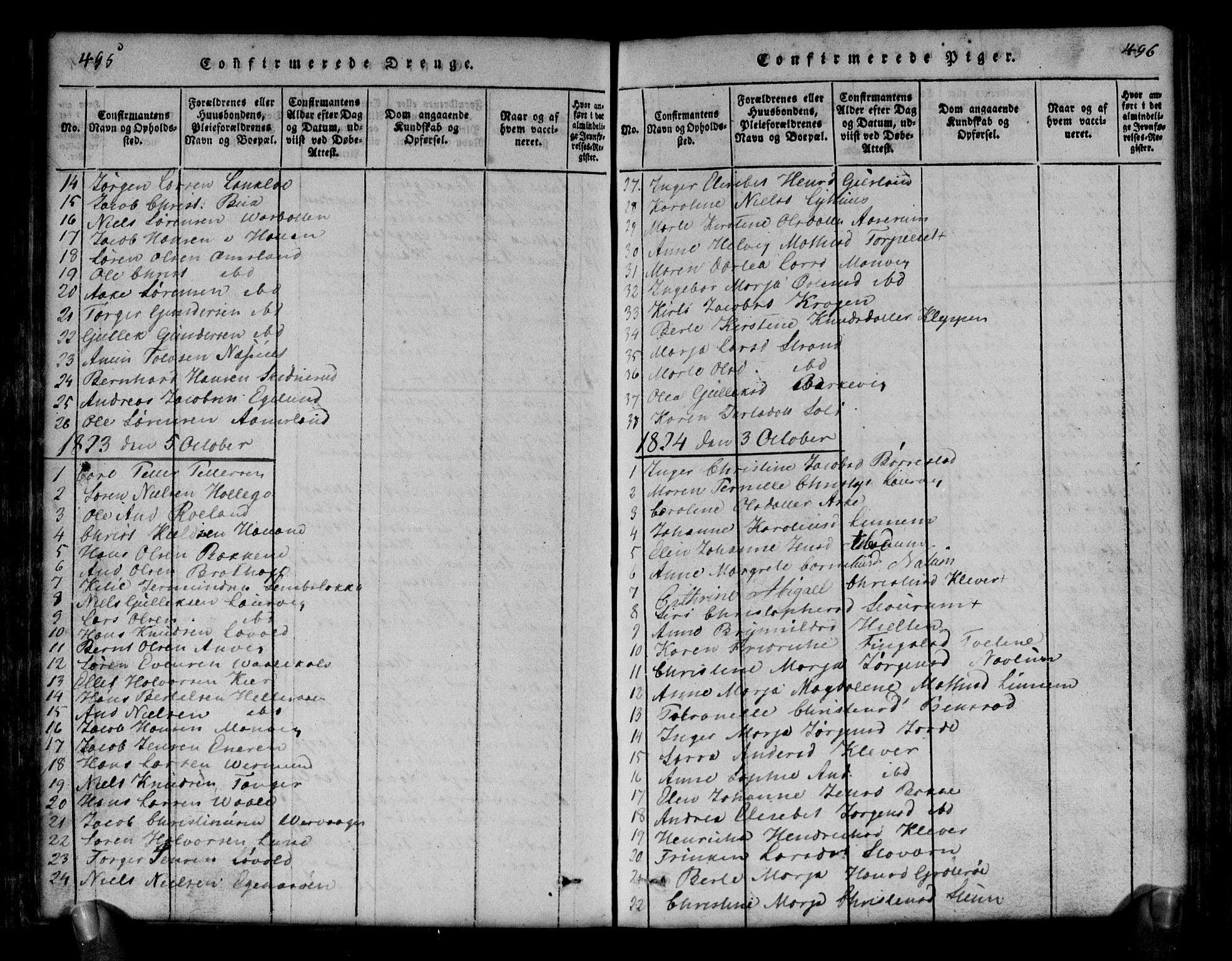 Brunlanes kirkebøker, AV/SAKO-A-342/G/Ga/L0001: Parish register (copy) no. I 1, 1814-1834, p. 495-496