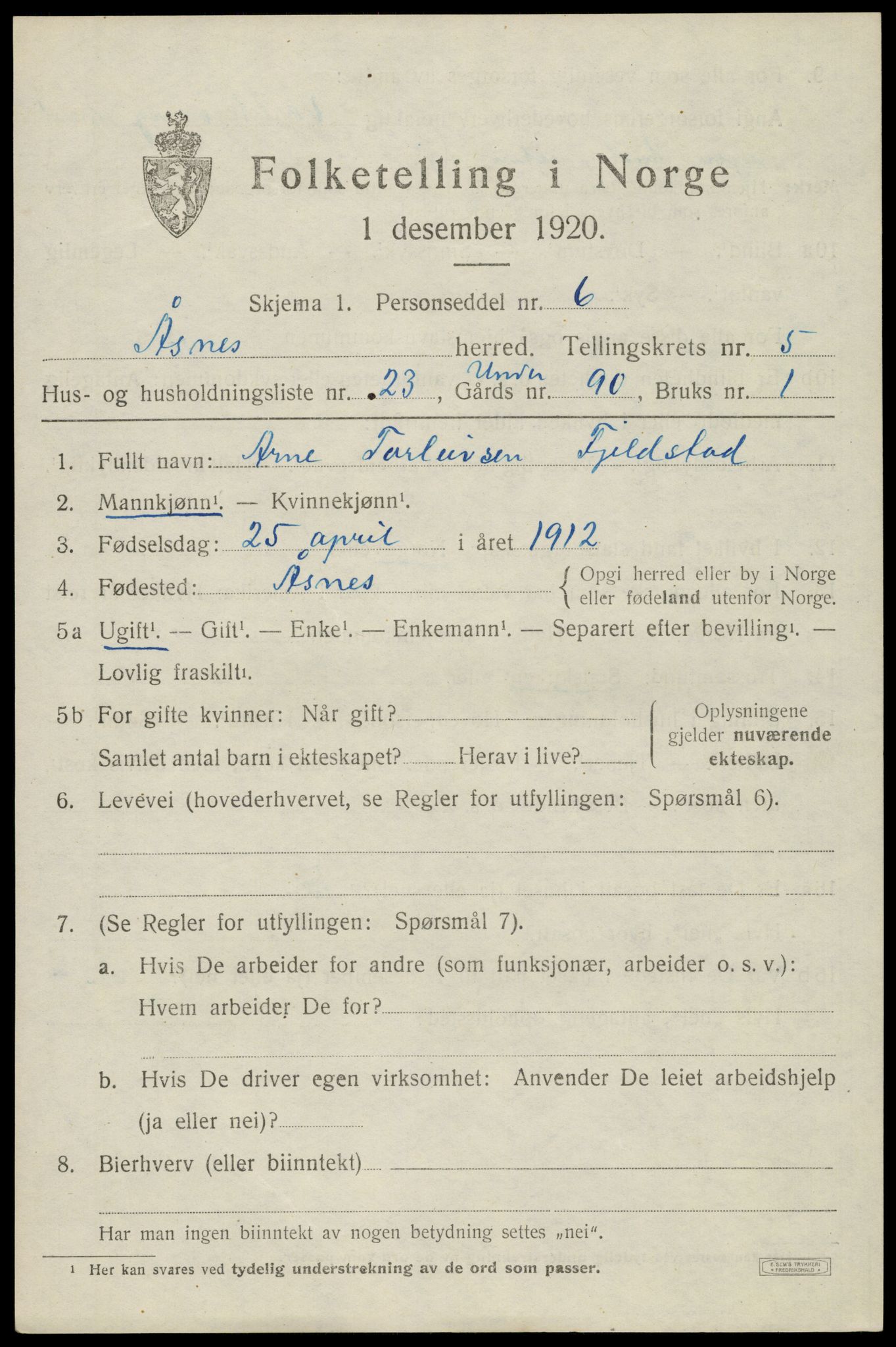 SAH, 1920 census for Åsnes, 1920, p. 6924