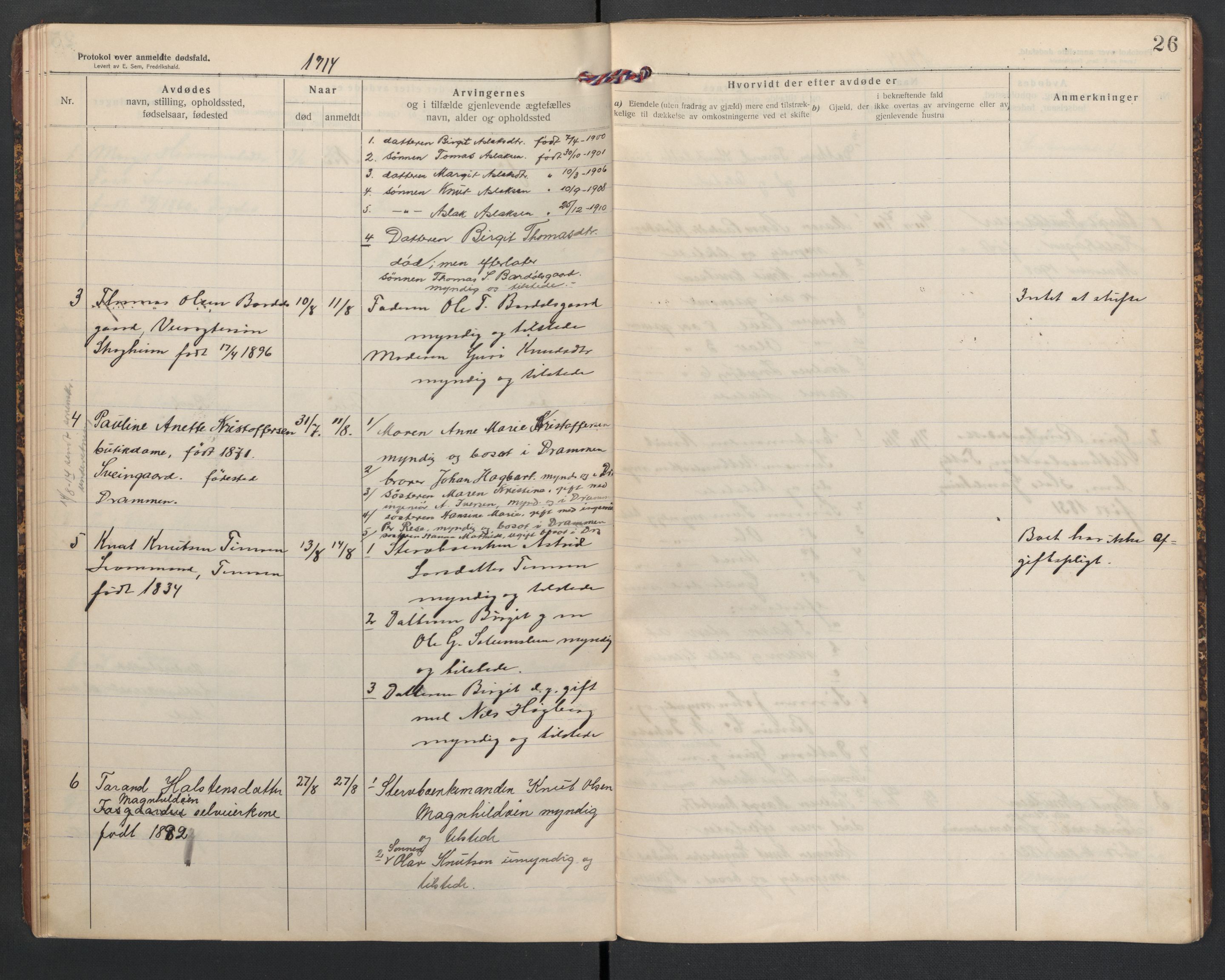 Hol lensmannskontor, AV/SAKO-A-512/H/Ha/L0004: Dødsanmeldelsesprotokoll, 1911-1916, p. 26
