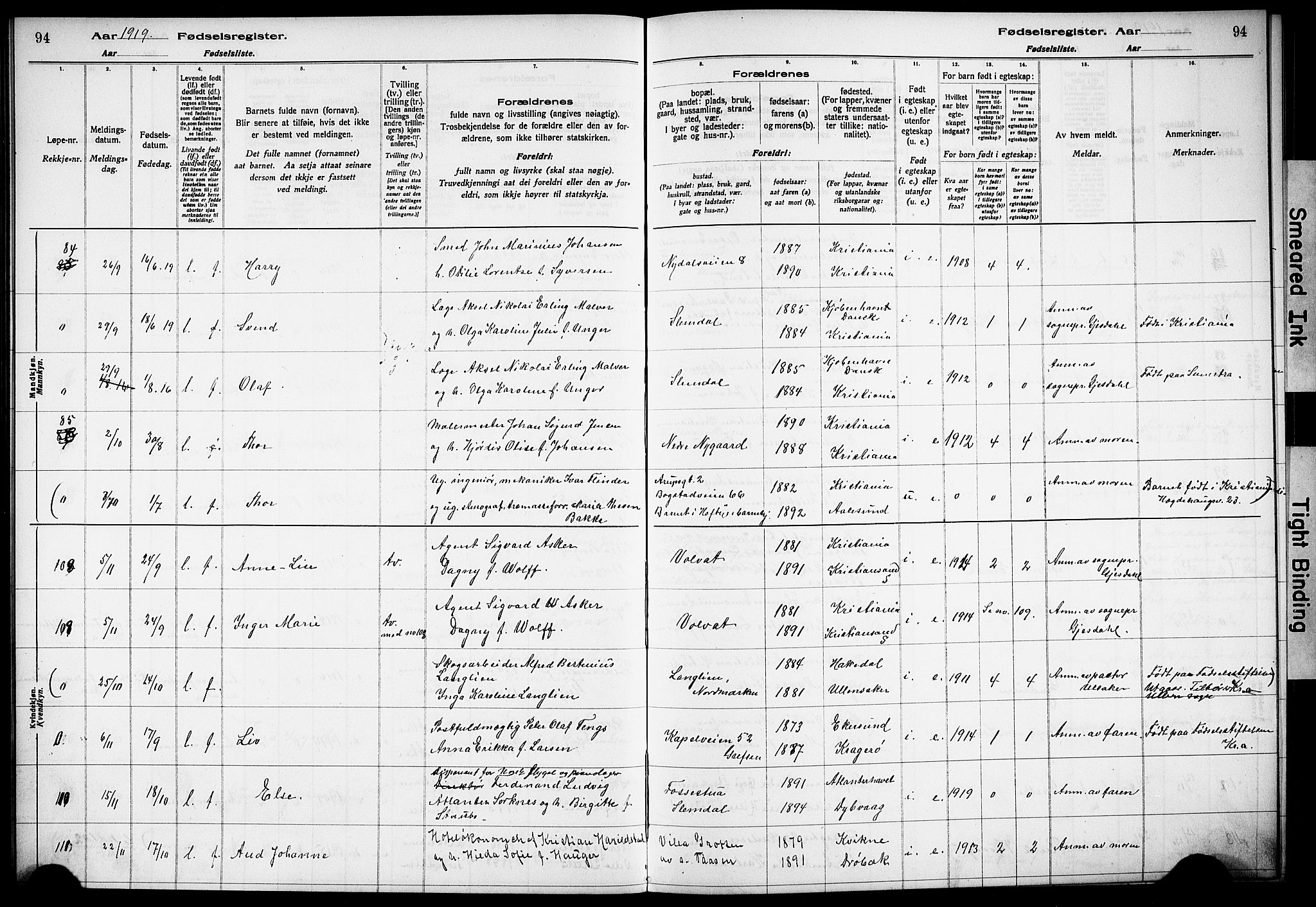 Vestre Aker prestekontor Kirkebøker, AV/SAO-A-10025/J/Ja/L0001: Birth register no. 1, 1916-1922, p. 94