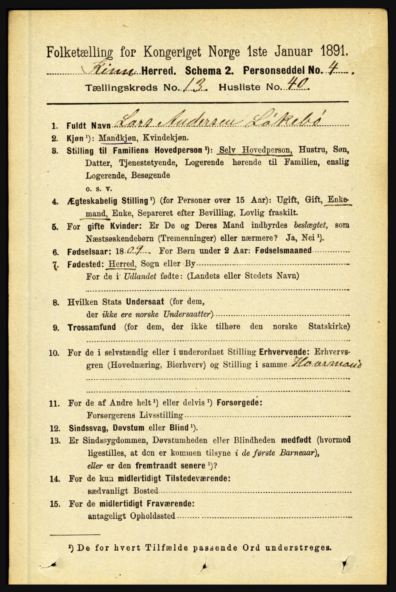 RA, 1891 census for 1437 Kinn, 1891, p. 5334