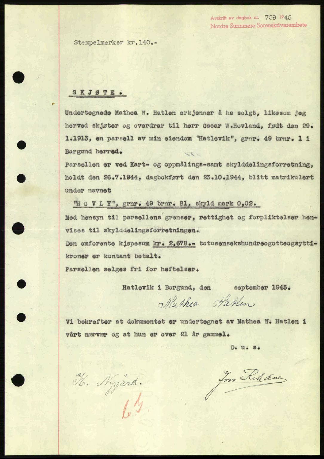 Nordre Sunnmøre sorenskriveri, AV/SAT-A-0006/1/2/2C/2Ca: Mortgage book no. A20a, 1945-1945, Diary no: : 759/1945