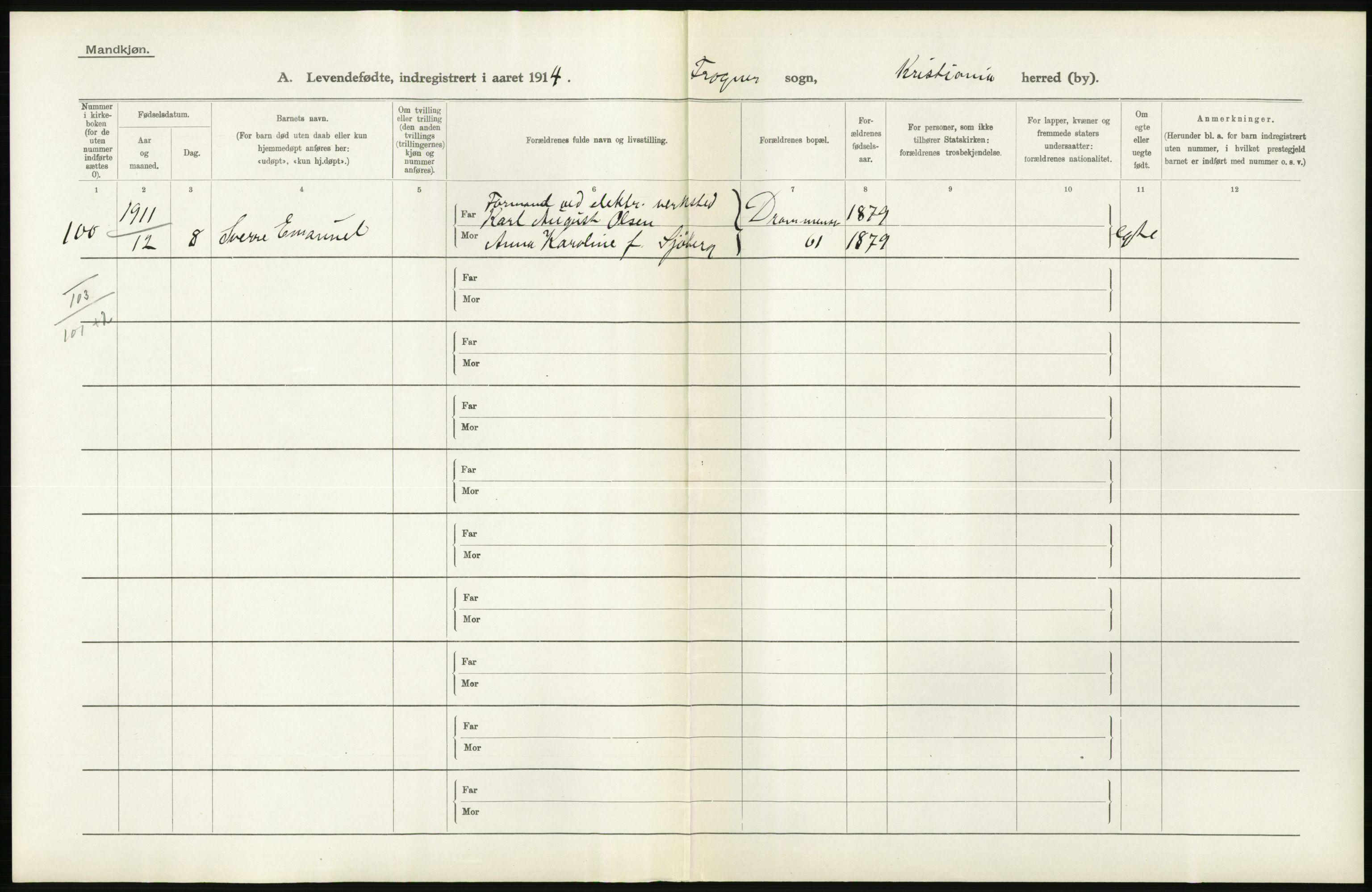 Statistisk sentralbyrå, Sosiodemografiske emner, Befolkning, RA/S-2228/D/Df/Dfb/Dfbd/L0006: Kristiania: Levendefødte menn og kvinner., 1914, p. 154