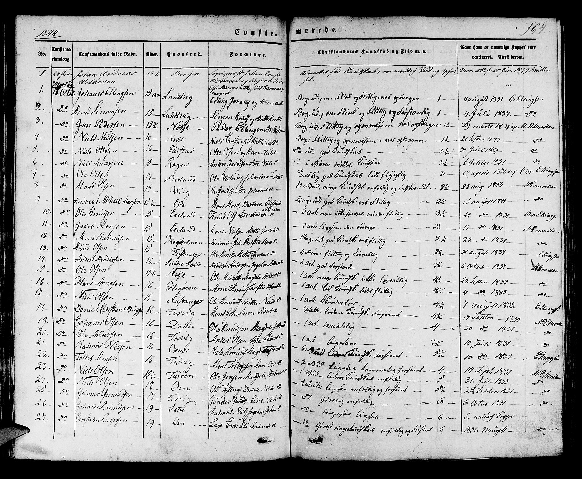 Manger sokneprestembete, SAB/A-76801/H/Haa: Parish register (official) no. A 5, 1839-1848, p. 164