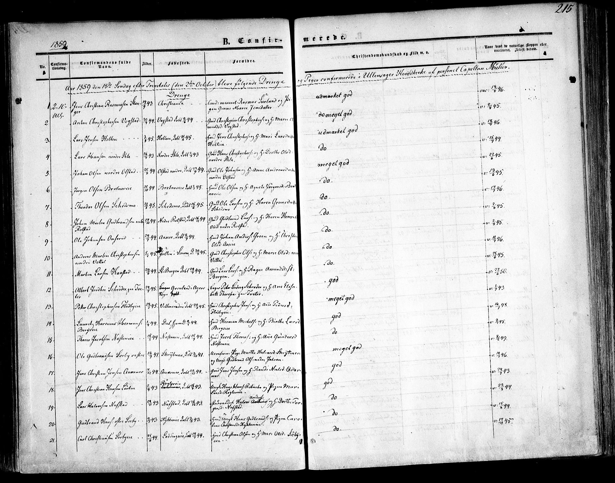 Ullensaker prestekontor Kirkebøker, SAO/A-10236a/F/Fa/L0015.a: Parish register (official) no. I 15A, 1851-1862, p. 215