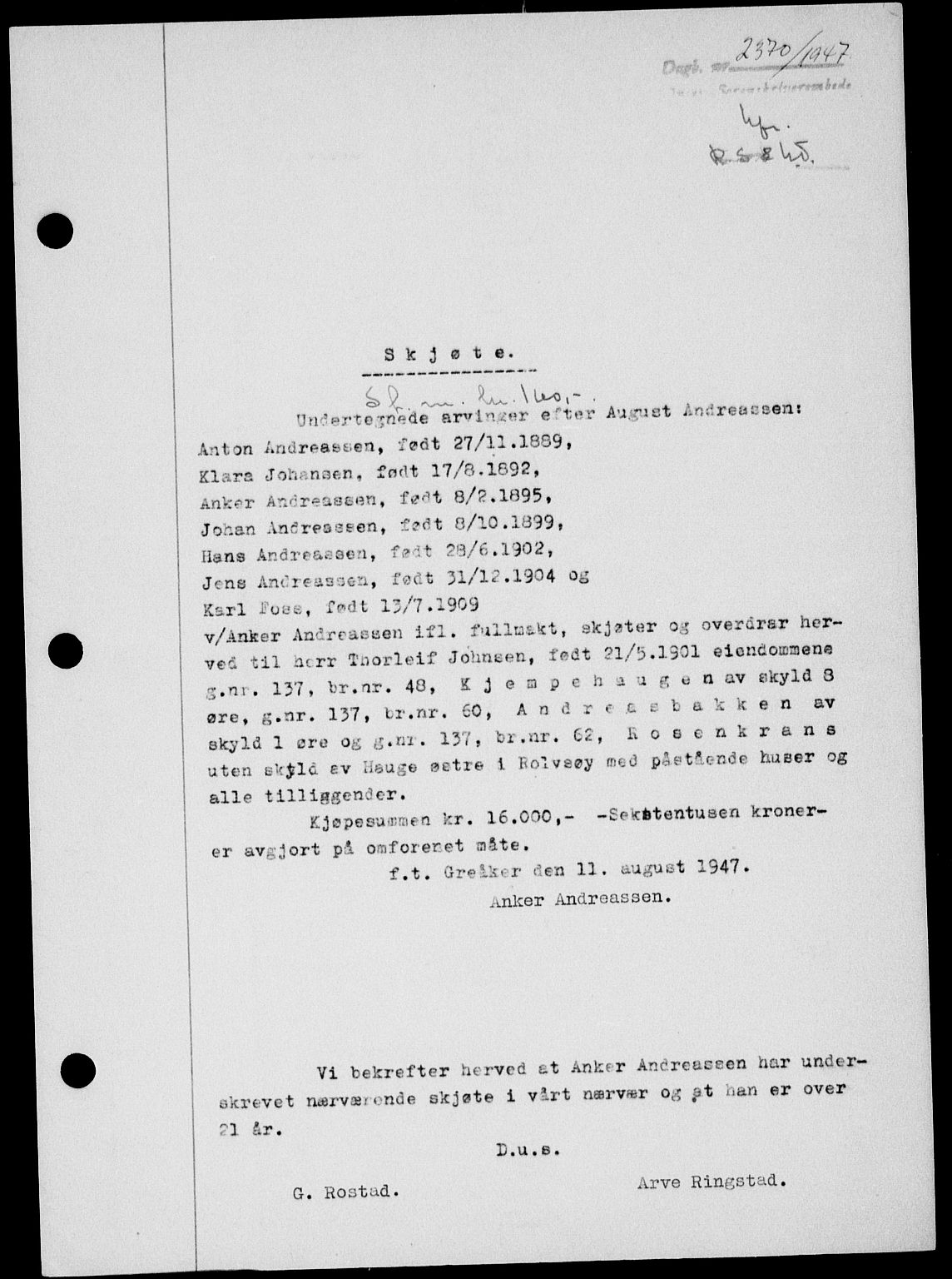 Onsøy sorenskriveri, AV/SAO-A-10474/G/Ga/Gab/L0021: Mortgage book no. II A-21, 1947-1947, Diary no: : 2370/1947