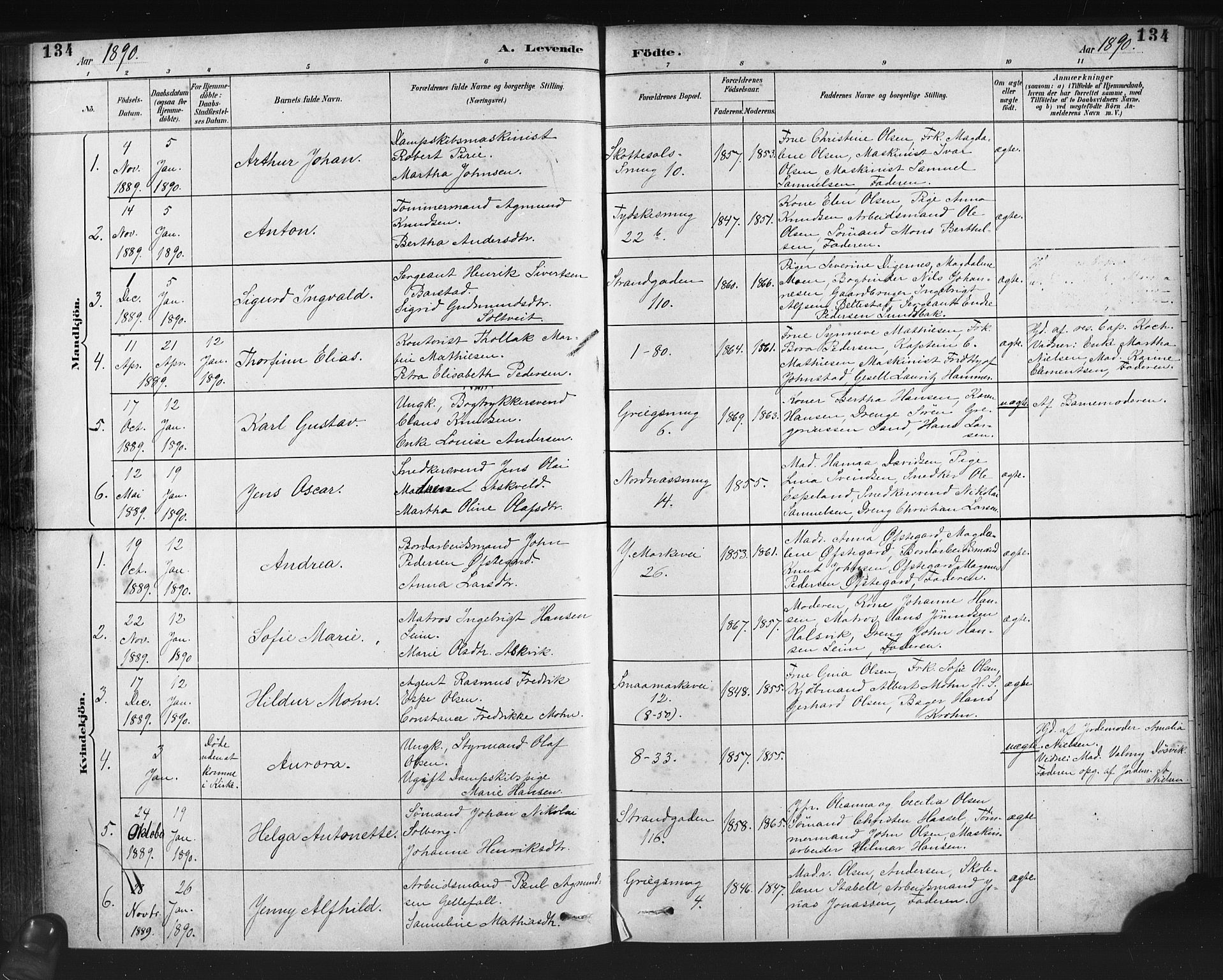 Nykirken Sokneprestembete, SAB/A-77101/H/Haa: Parish register (official) no. B 5, 1885-1894, p. 134