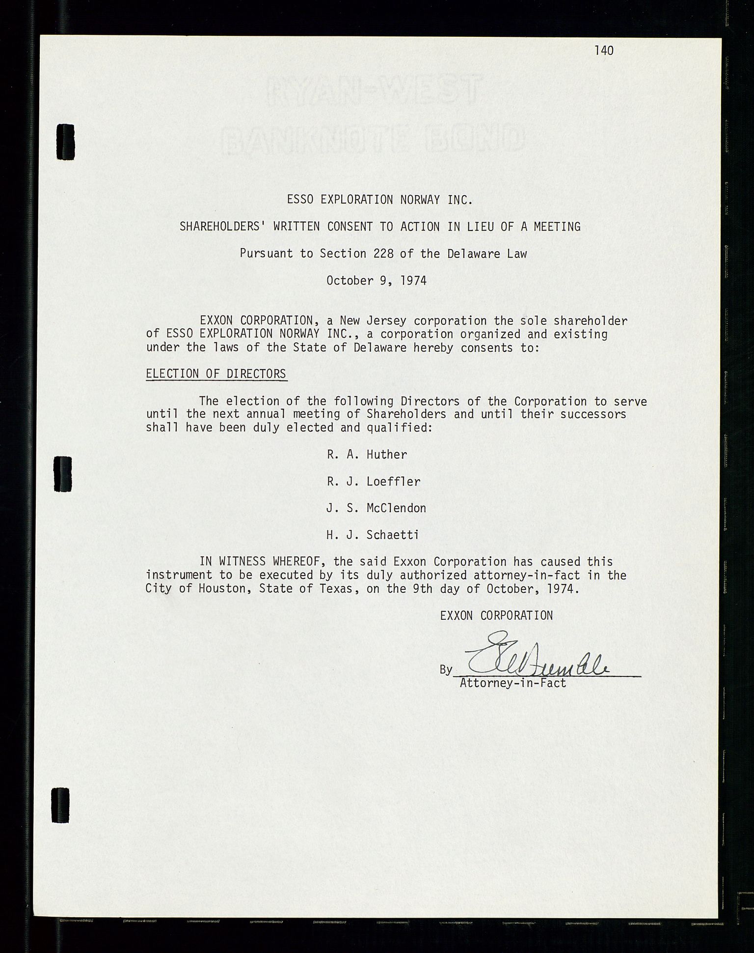 Pa 1512 - Esso Exploration and Production Norway Inc., SAST/A-101917/A/Aa/L0001/0001: Styredokumenter / Corporate records, By-Laws, Board meeting minutes, Incorporations, 1965-1975, p. 140
