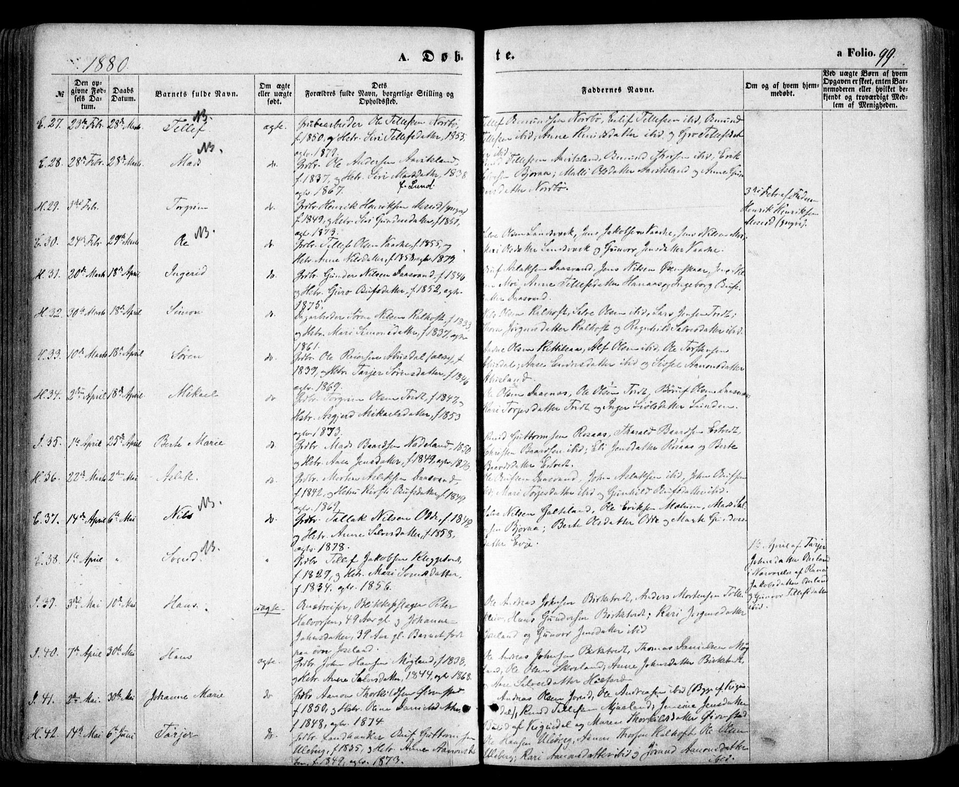 Evje sokneprestkontor, AV/SAK-1111-0008/F/Fa/Faa/L0006: Parish register (official) no. A 6, 1866-1884, p. 99