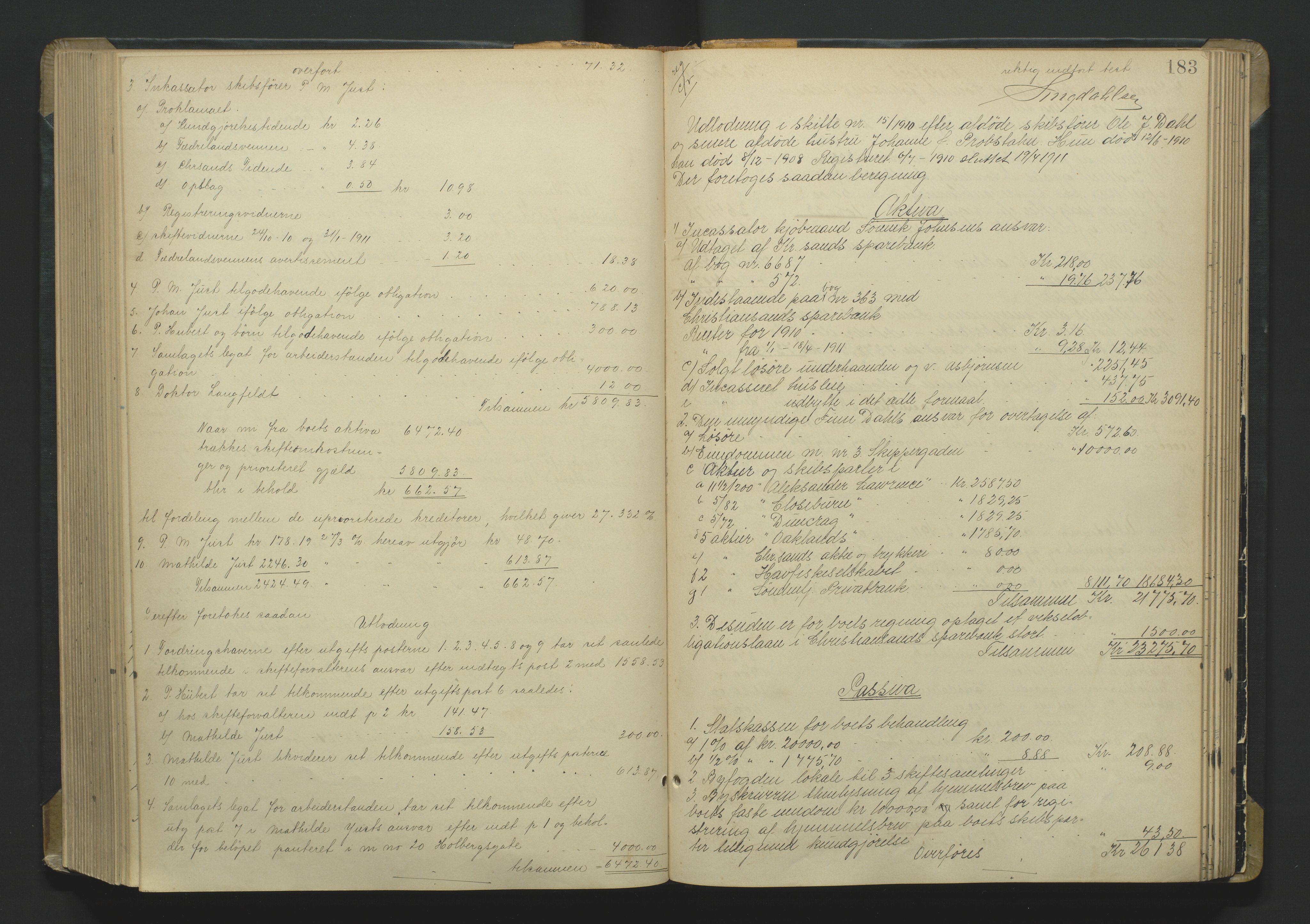 Kristiansand byrett, AV/SAK-1223-0001/H/Hc/L0060: Skifteutlodningsprotokoll nr. 6, med register, 1903-1916, p. 183