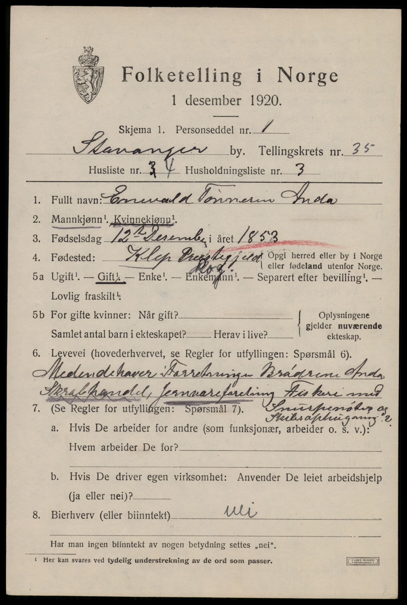 SAST, 1920 census for Stavanger, 1920, p. 94002