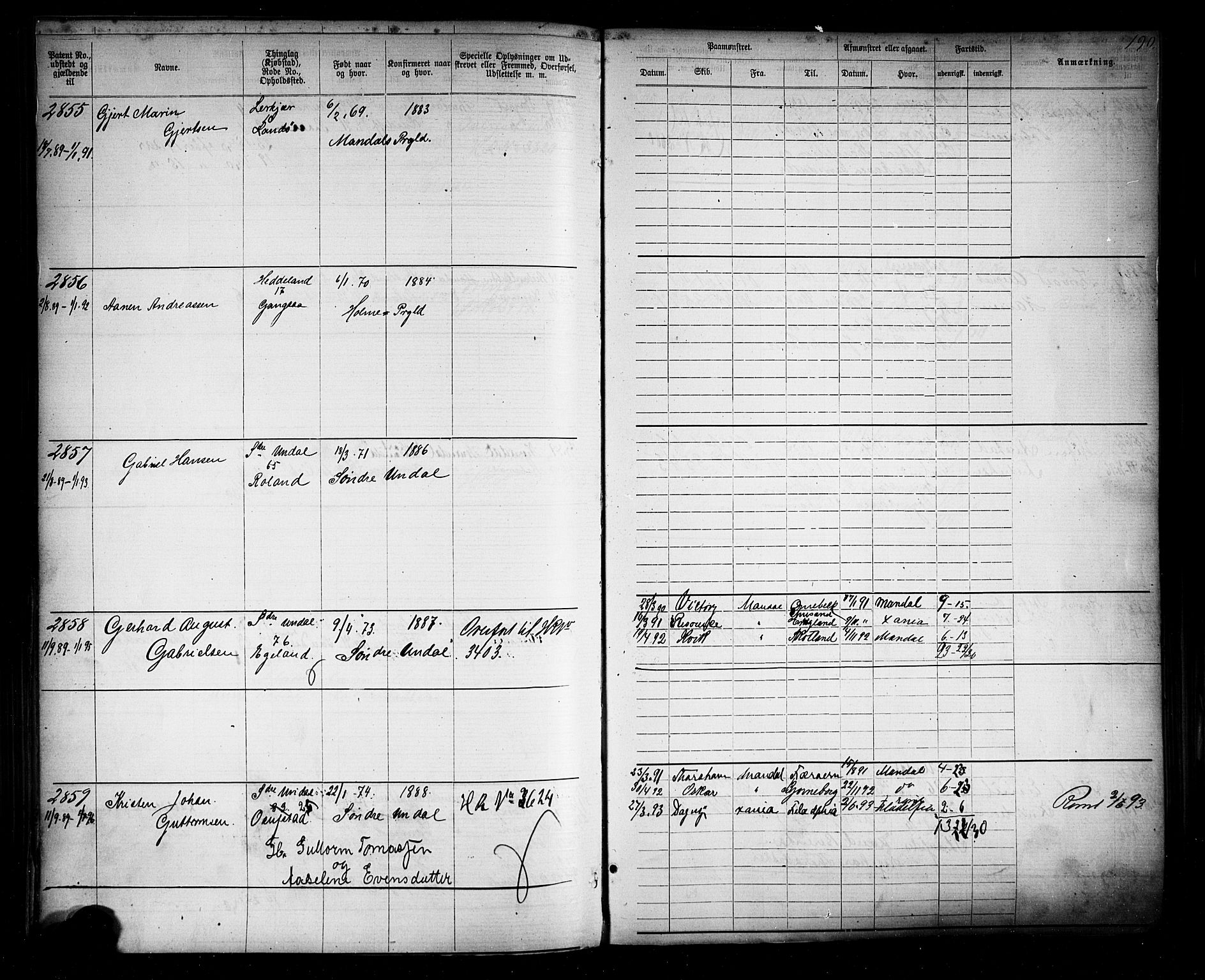 Mandal mønstringskrets, SAK/2031-0016/F/Fa/L0006: Annotasjonsrulle nr 1910-3819 med register, Y-16, 1881-1901, p. 220