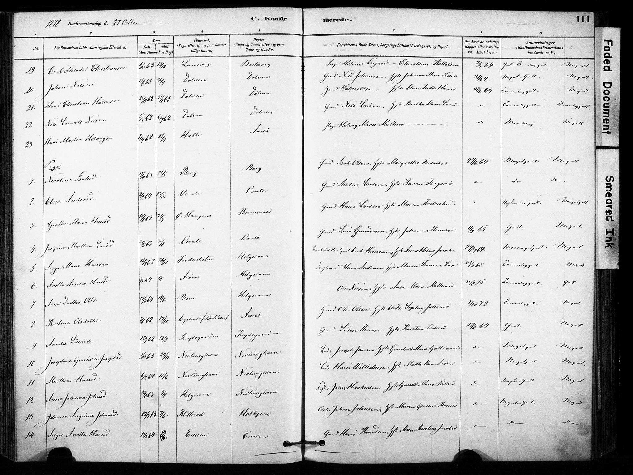 Brunlanes kirkebøker, AV/SAKO-A-342/F/Fb/L0001: Parish register (official) no. II 1, 1878-1899, p. 111