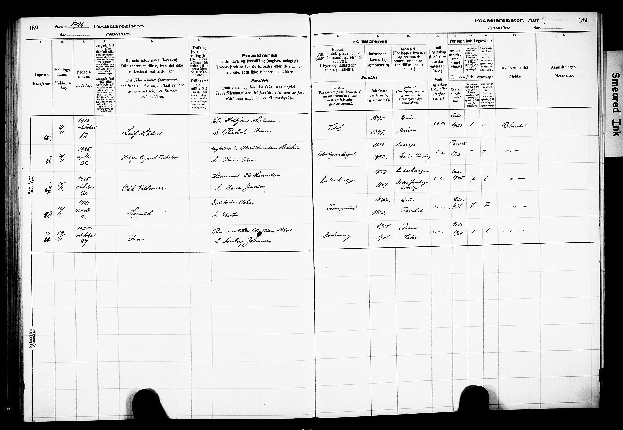 Grue prestekontor, AV/SAH-PREST-036/I/Id/Ida/L0001: Birth register no. I 1, 1916-1926, p. 189