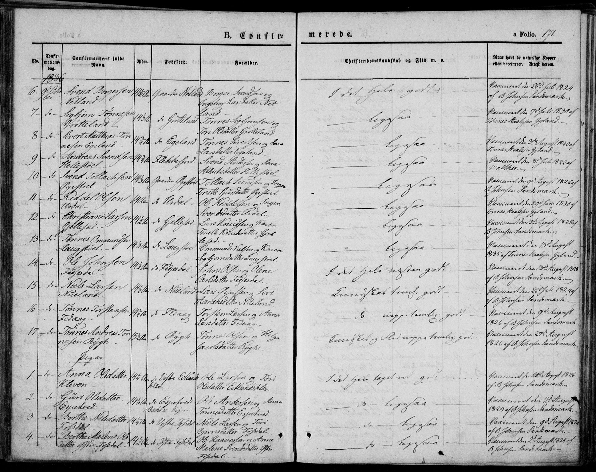 Bakke sokneprestkontor, SAK/1111-0002/F/Fa/Faa/L0004: Parish register (official) no. A 4, 1834-1846, p. 171