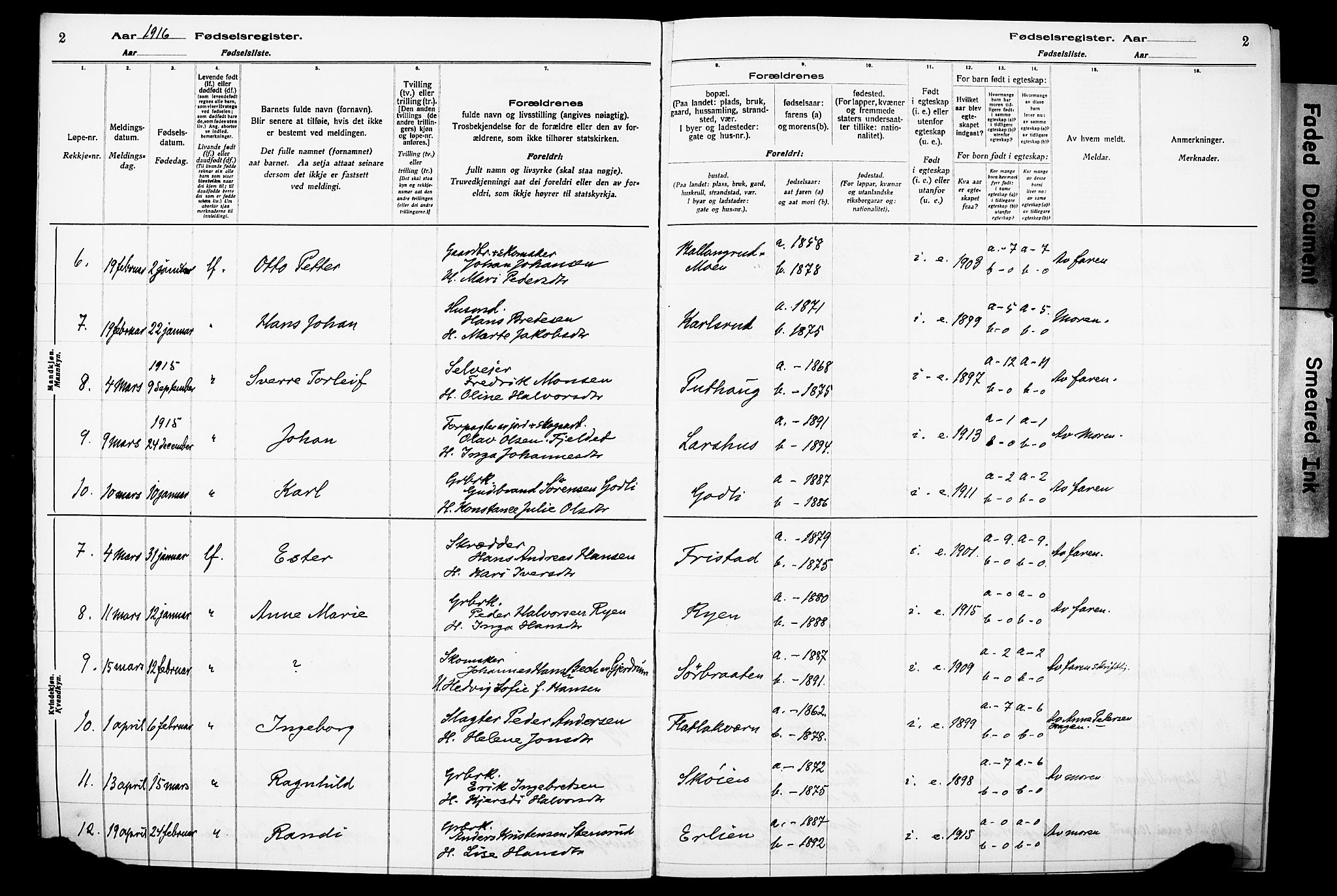 Lunner prestekontor, SAH/PREST-118/I/Id/L0001: Birth register no. 1, 1916-1932, p. 2