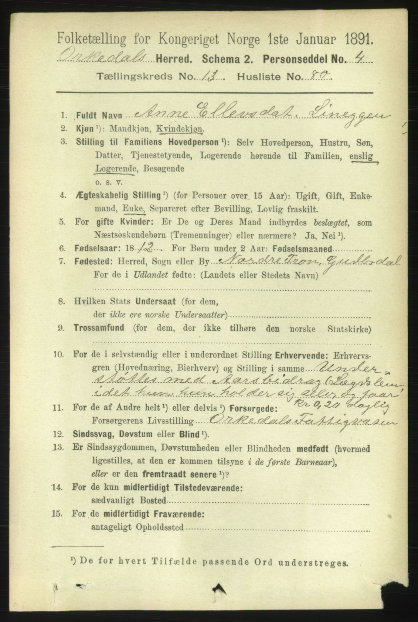 RA, 1891 census for 1638 Orkdal, 1891, p. 6495